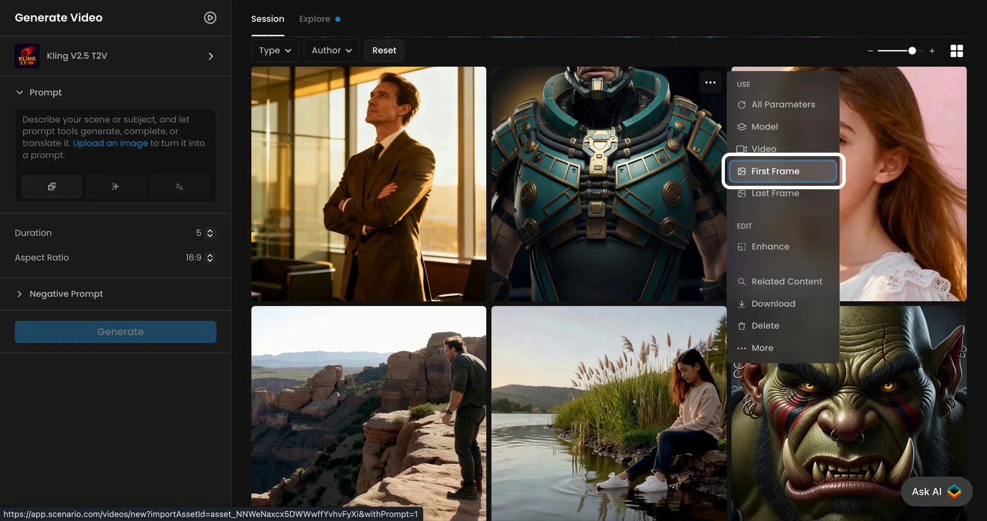 Screenshot of an AI video generation platform displaying various image thumbnails, including a business professional, armored character, and fantasy orc, for content creation.