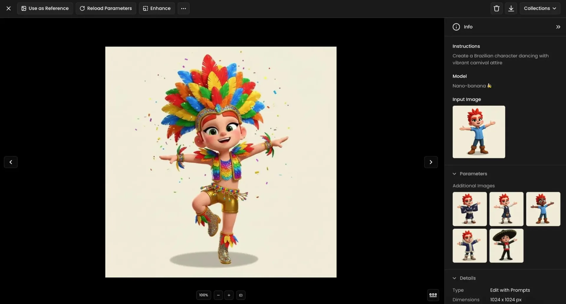 3D animated character in vibrant Brazilian carnival costume dancing with colorful feathers and confetti, festive celebration scene.