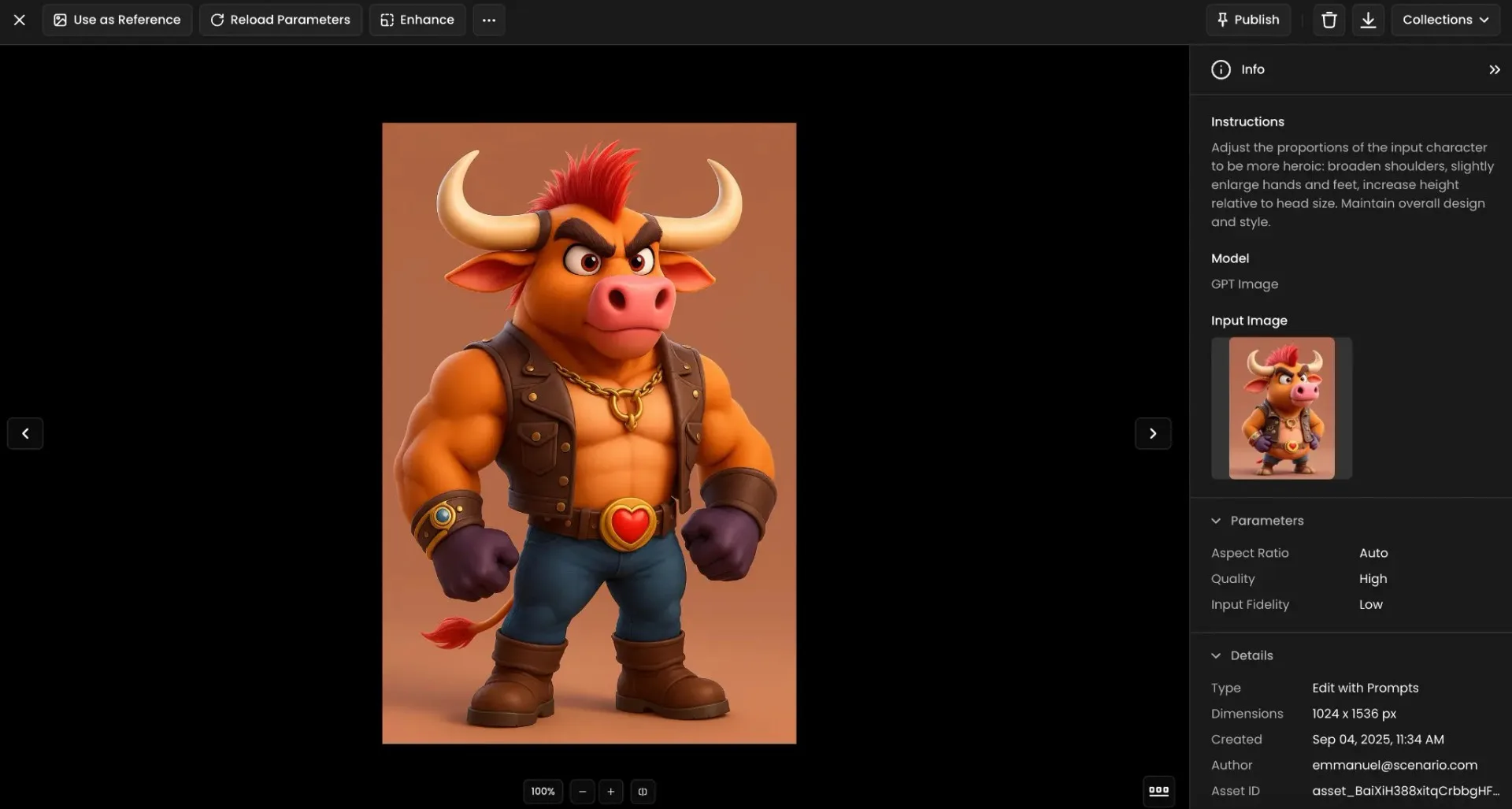 Anthropomorphic bull character wearing leather vest and jeans, flexing muscles with red mohawk hairstyle against orange background.