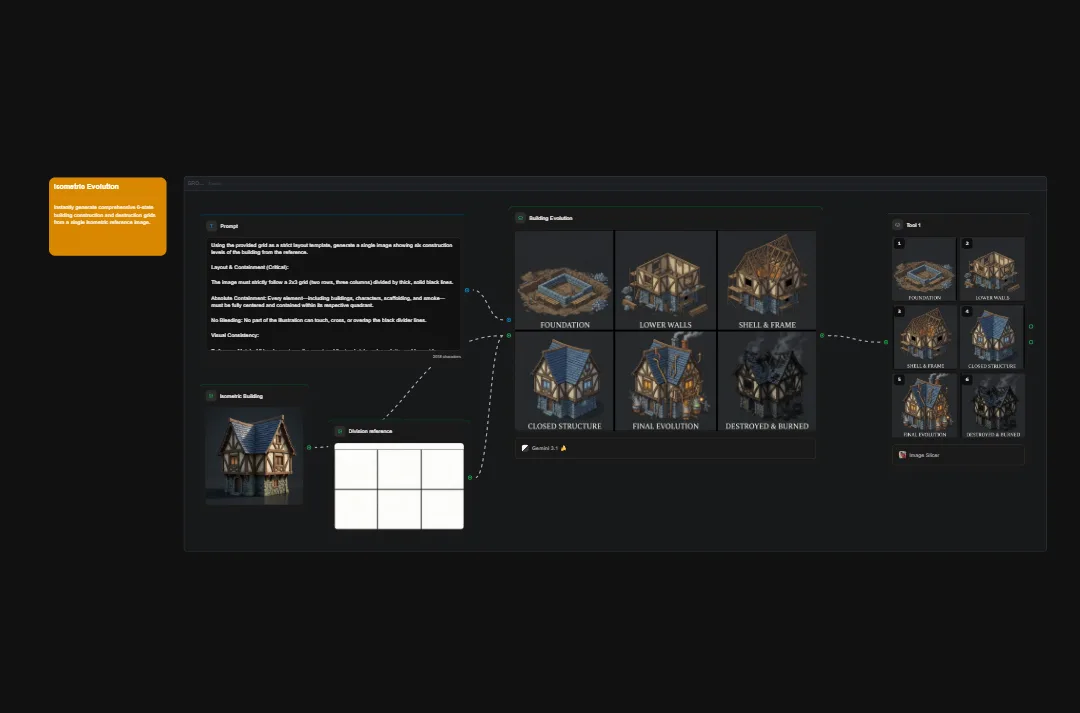 Isometric building evolution stages showing foundation, walls, shell frame, structure, and final destruction phases for game design interface