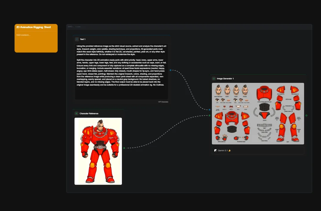 3D animation rigging sheet showing red armored robot character with detailed face expressions and body parts breakdown for character animation