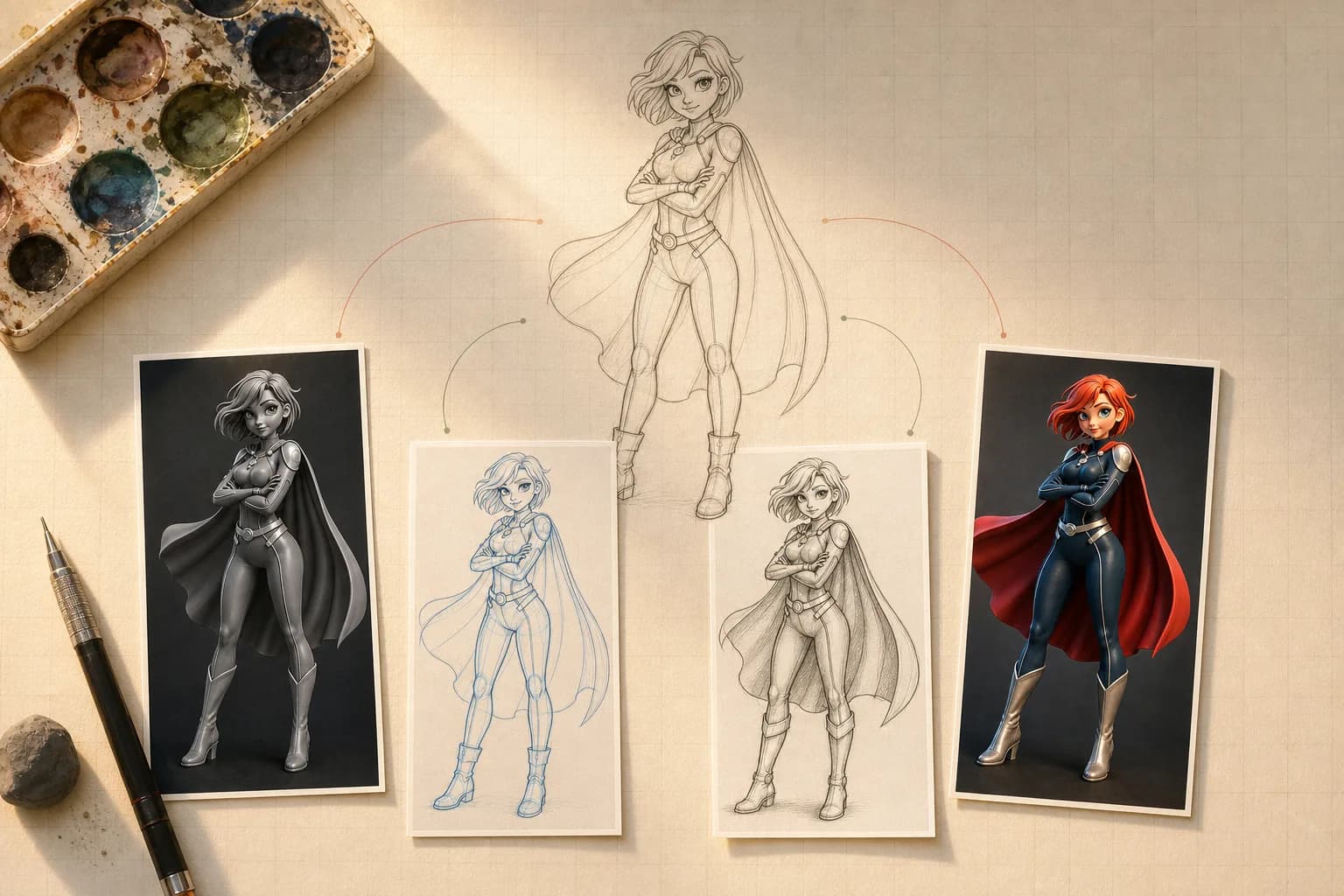 Anime superhero character design sketches showing female hero in cape with pencil drawings and colored illustrations on