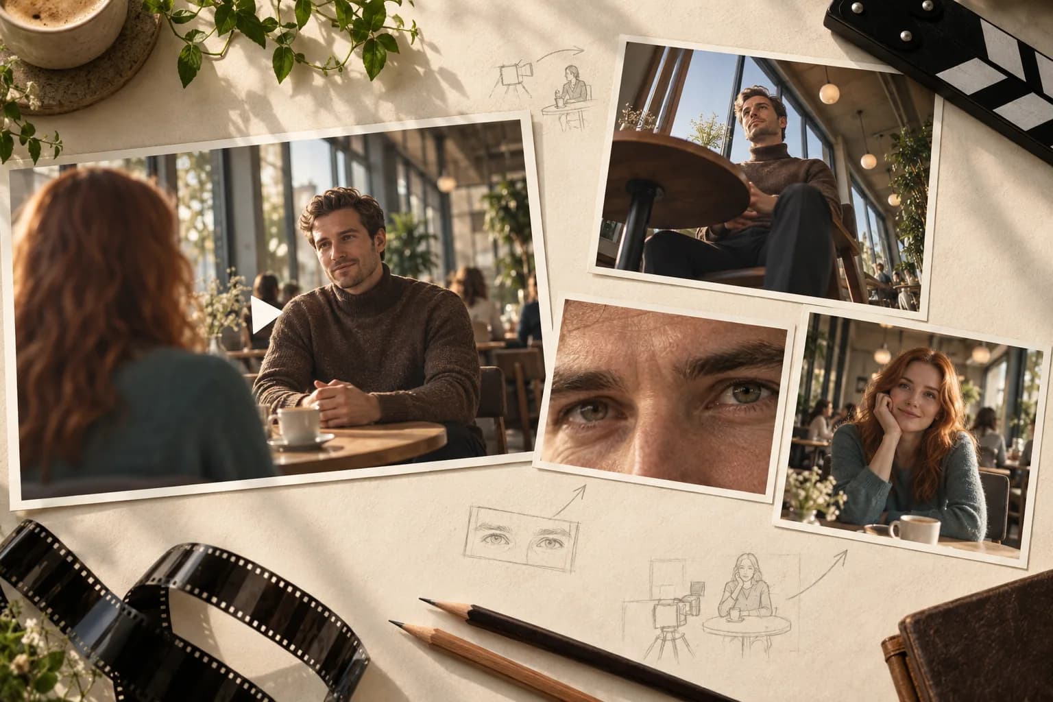 Director's mood board with film stills, casting photos of male and female actors in cafe setting, sketch drawings, film