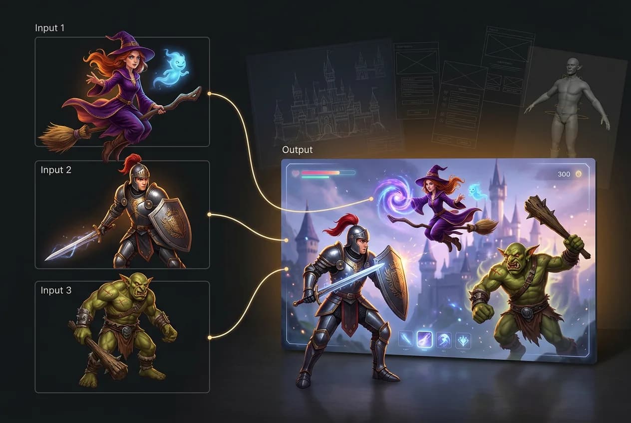 Fantasy game character blending illustration showing wizard, knight, and orc merging into combined fantasy RPG hero artwork