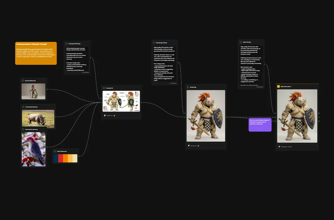 Character design workflow showing warrior concept art development with mood boards, color palettes, and design iterations on dark background