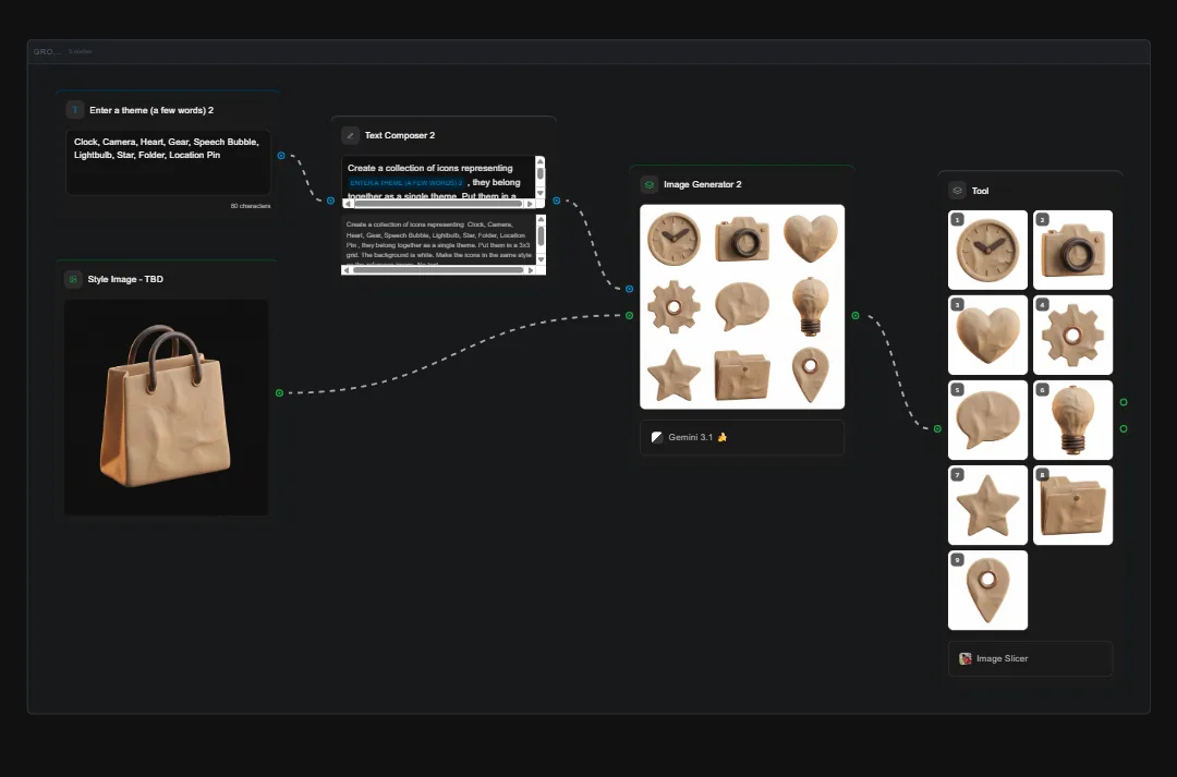AI icon generator workflow showing wooden style icons including clock, camera, heart, gear, speech bubble, star, and other UI elements generated with text composer and image generator tools