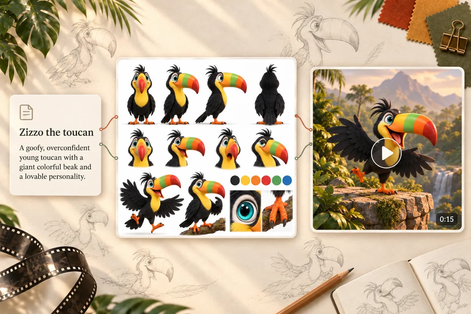 Zizzo the toucan character design sheet with multiple expressions and poses, featuring a colorful rainbow beak and anima