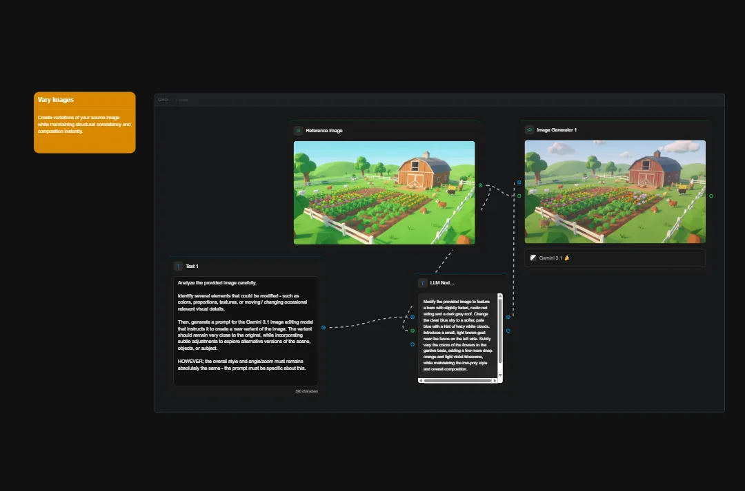 AI image generator interface comparing reference farm scene with generated version showing red barn, garden, and green fields