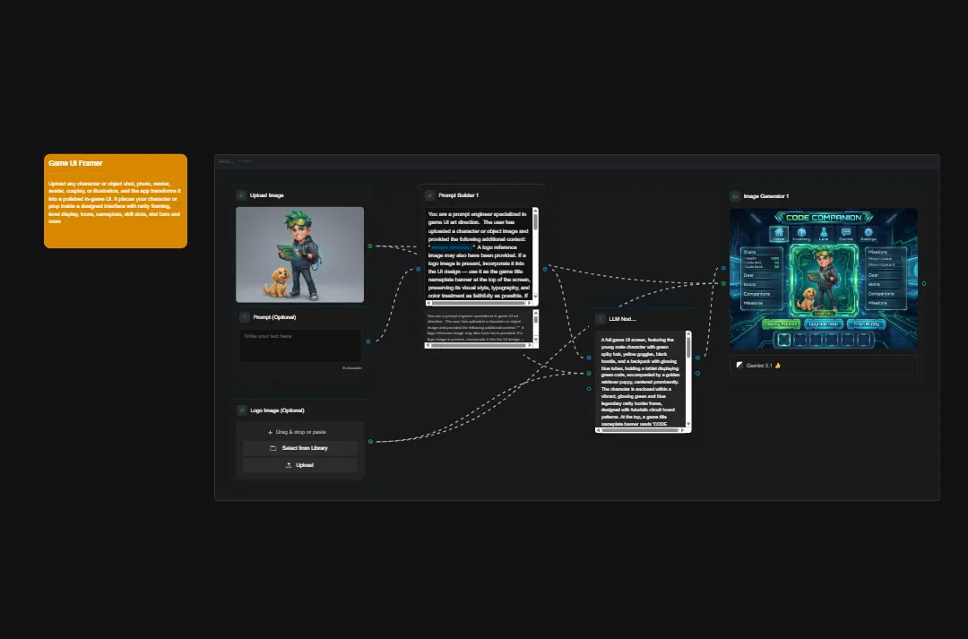 Game AI prompt builder interface with character upload, prompt builder, and image generator tools for creating game characters and art