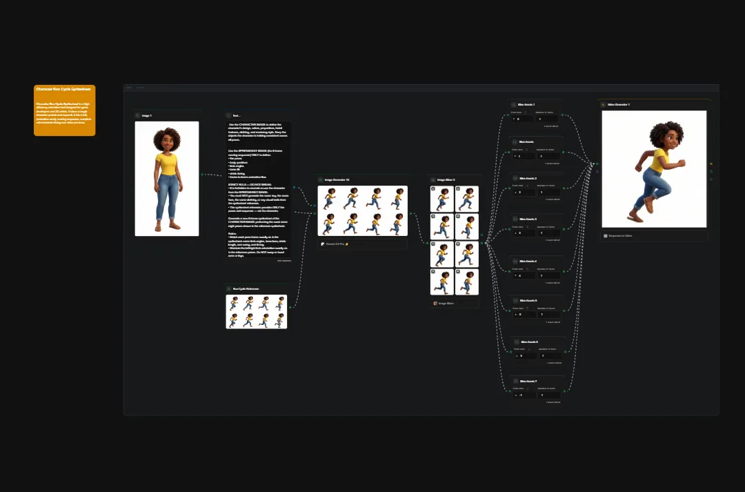 Character animation sprite sheet showing running motion poses and design documentation with female character in yellow shirt and blue jeans