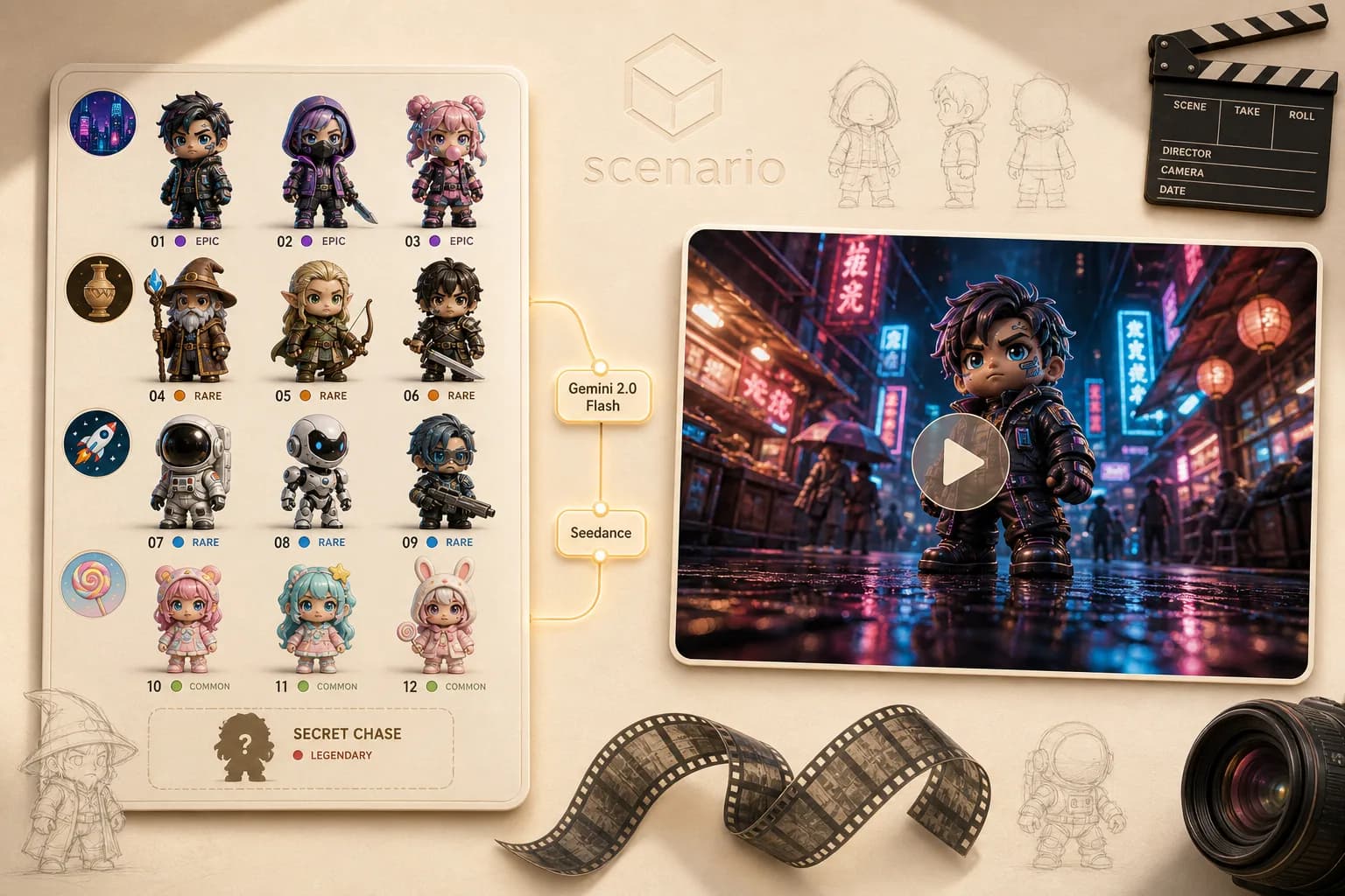 Anime character collection sheet with numbered rare and epic chibi characters, displayed with cyberpunk cityscape video