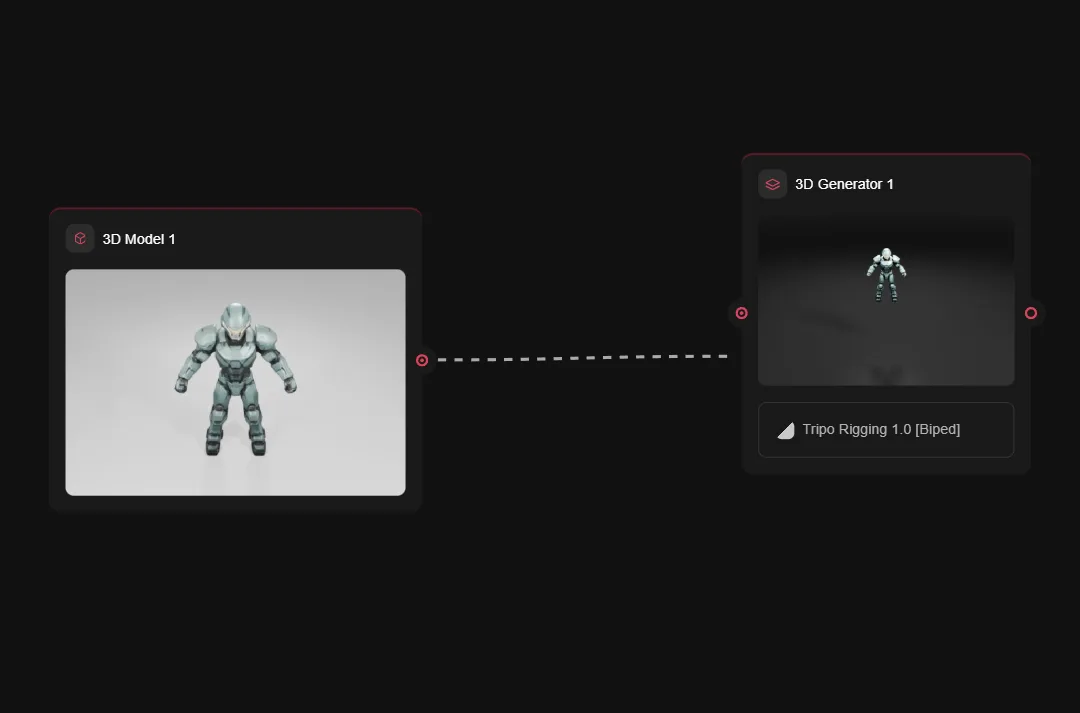 3D robot character model with armored suit and biped rigging setup in 3D generator software interface