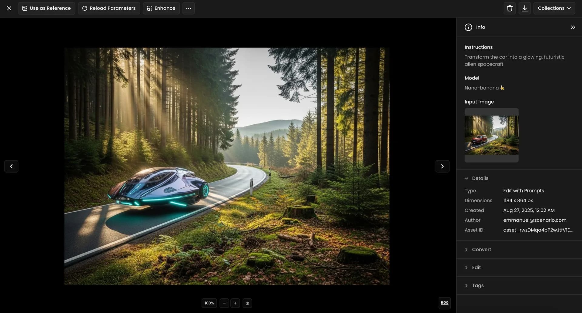 Futuristic glowing alien spacecraft driving through a scenic winding forest road with sun rays shining through tall trees and green foliage.