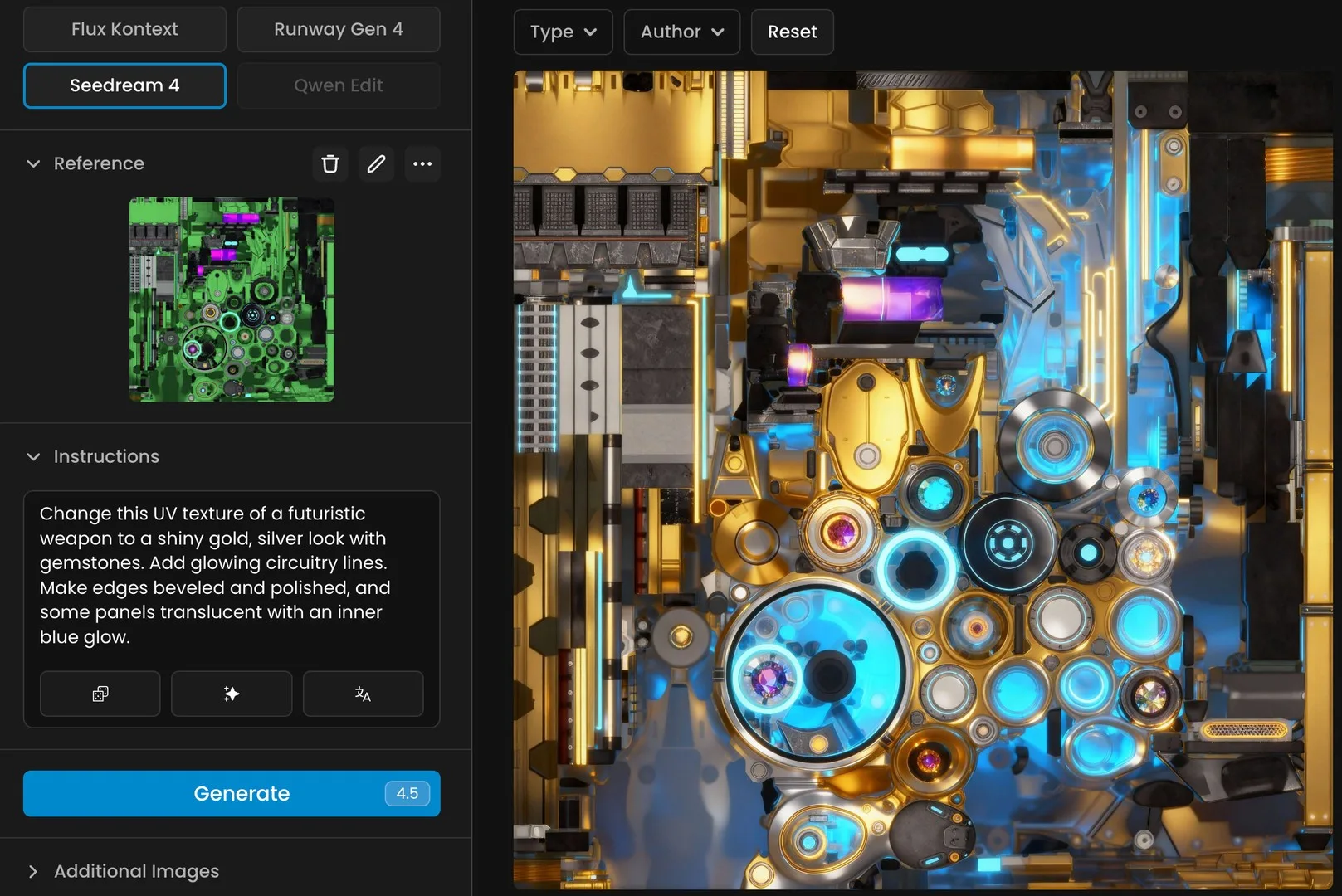 Futuristic weapon UV texture featuring polished gold, silver, circuits, gemstones, and glowing translucent blue panels for sci-fi gaming.