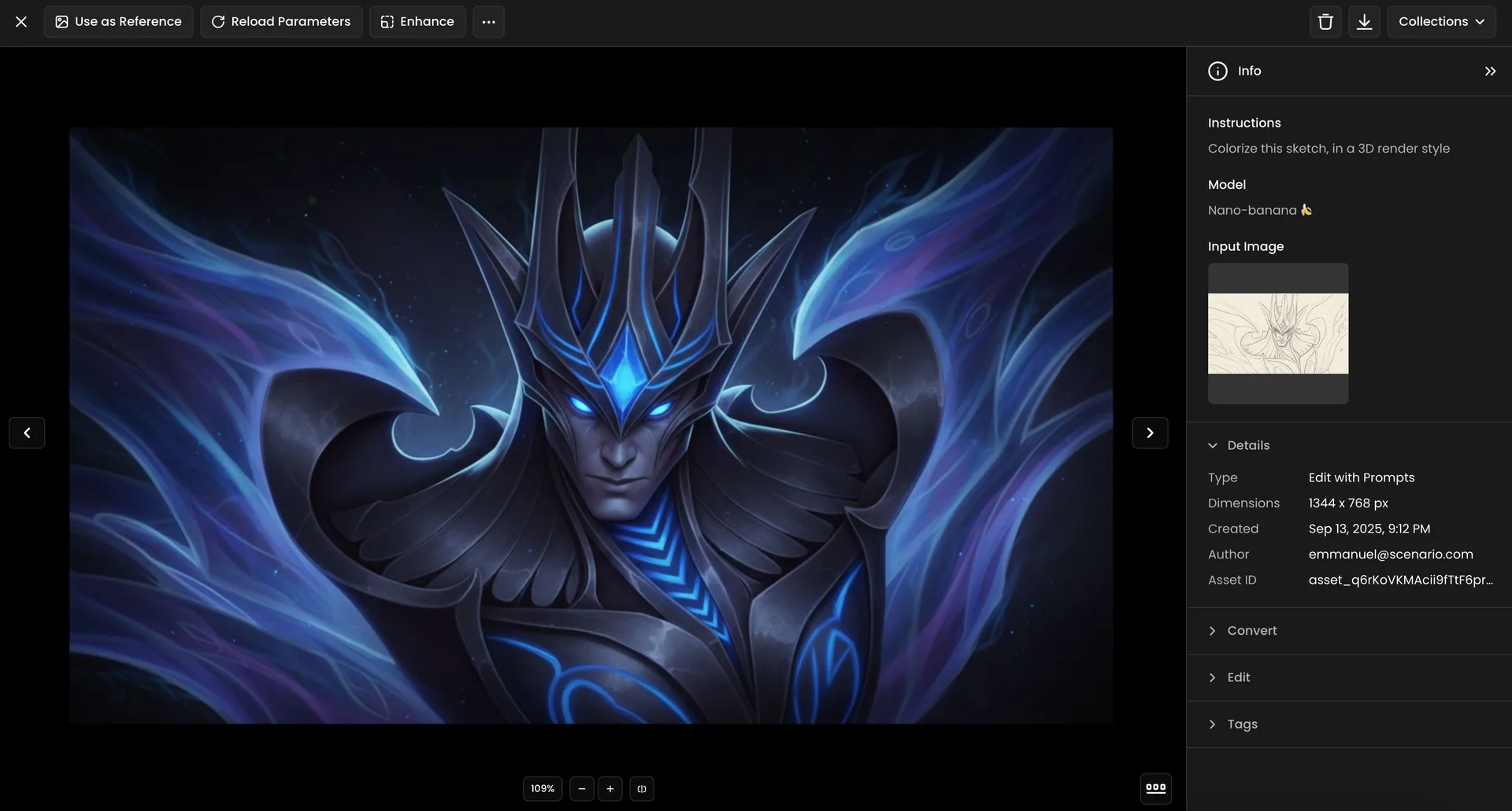 3D render of a mystical armored character with glowing blue energy, ornate helmet, and ethereal wings in a dark fantasy style.