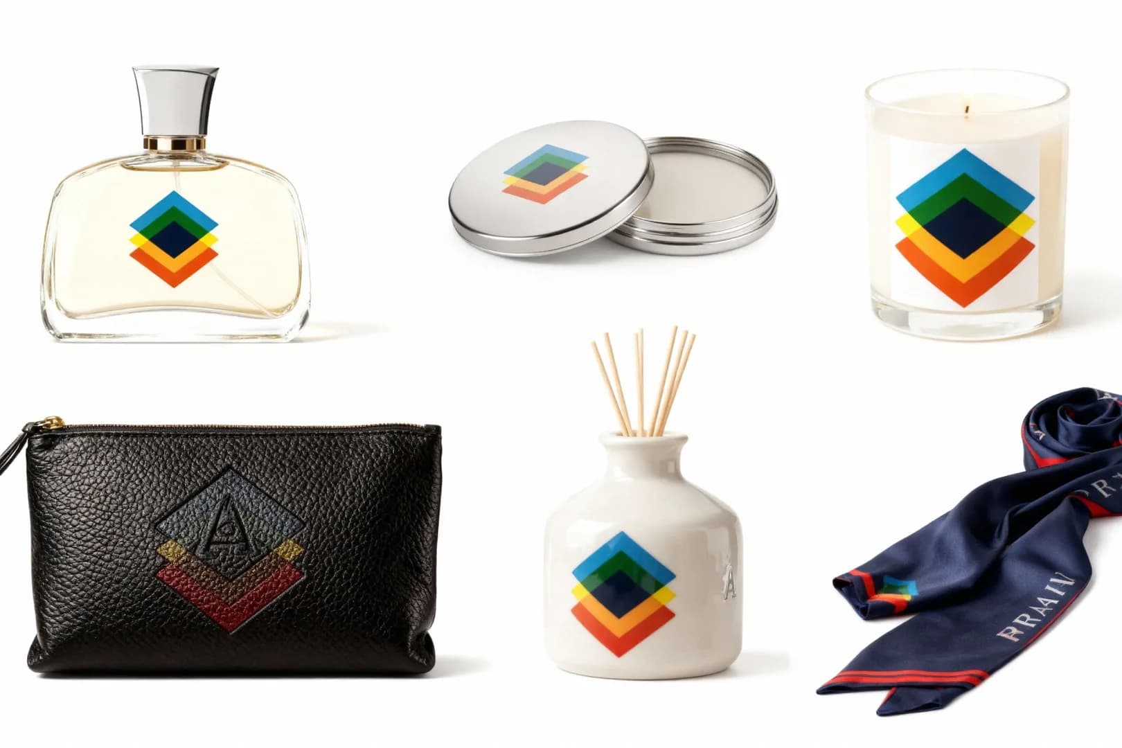 Scenario Luxury gift collection merchandising, including perfume, candle, tin, leather pouch, reed diffuser, and silk scarf, on white background.