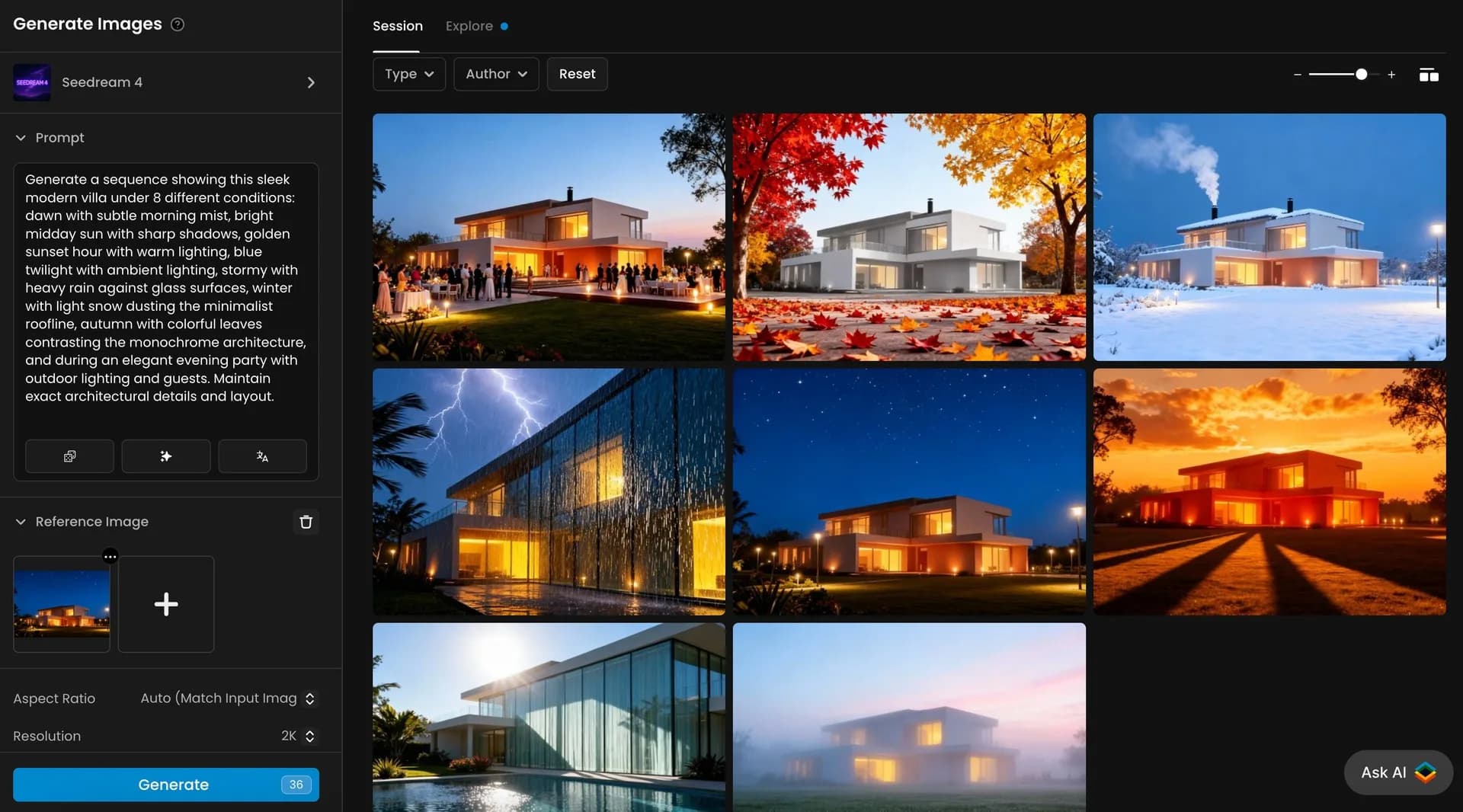 A grid of eight AI-generated images displaying a sleek modern villa at different times of day and in various weather conditions, including sunrise, autumn, snow, rain, starry night, and evening party.