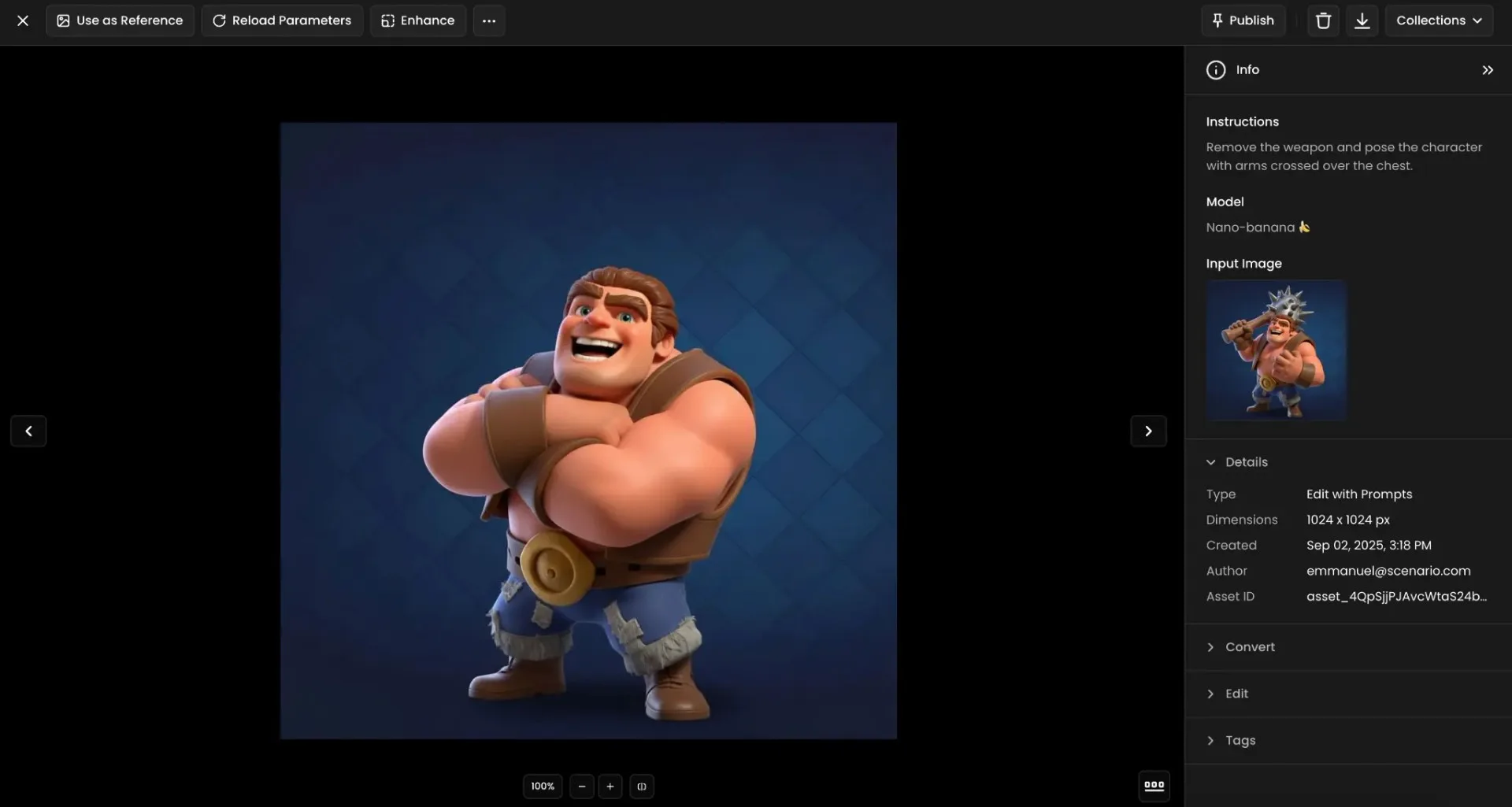 Stylized cartoon warrior character with crossed arms in confident pose, smiling at camera against blue checkered background.