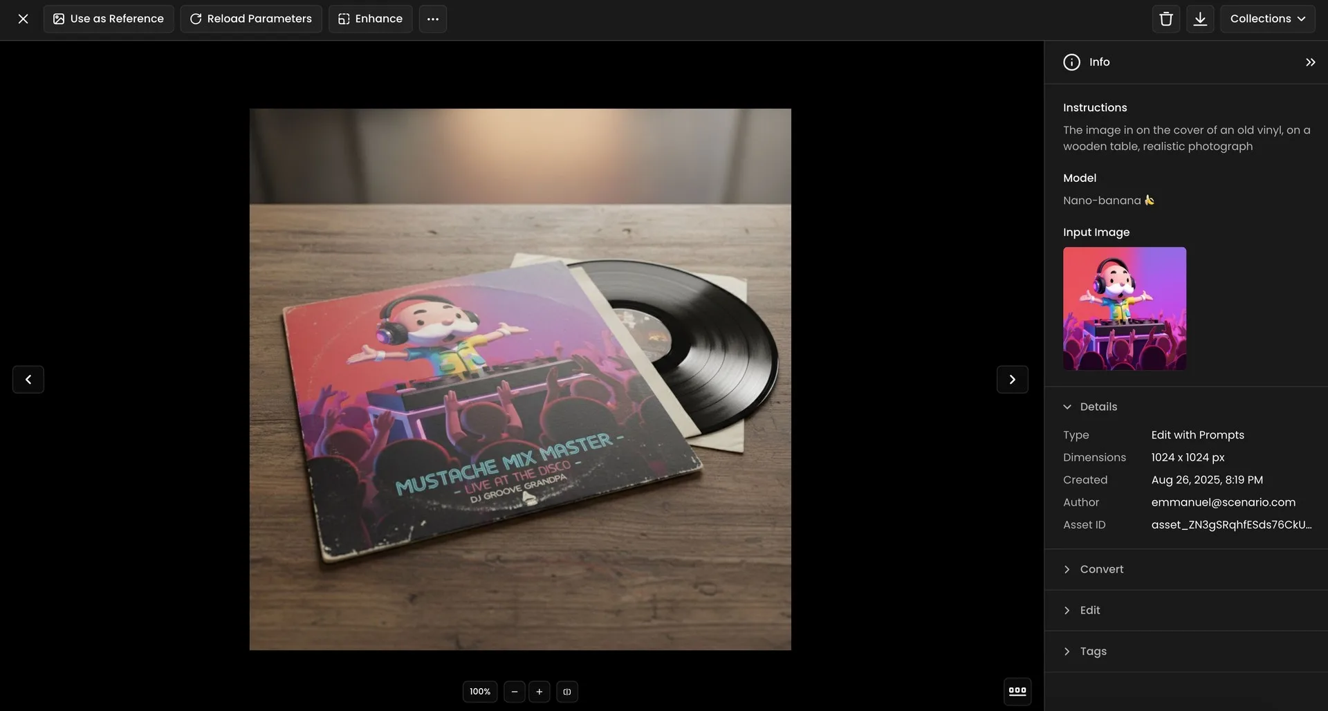 Realistic photograph of a vintage vinyl record and colorful illustrated album cover titled 'Mustache Mix Master' on a wooden table.