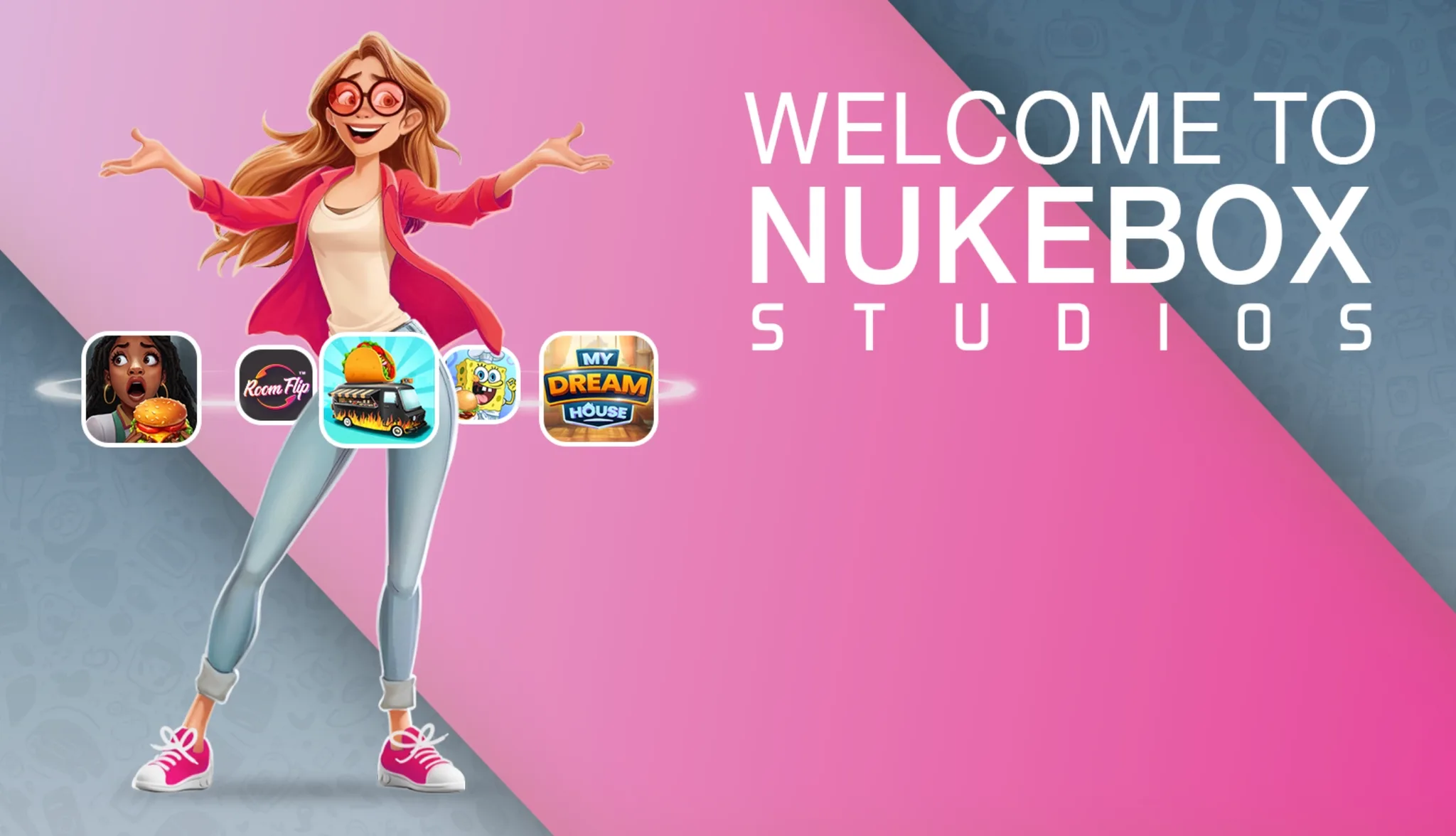 Animated girl with blonde hair wearing red jacket and pink sneakers welcoming to Nukebox Studios game portfolio on pink and blue background