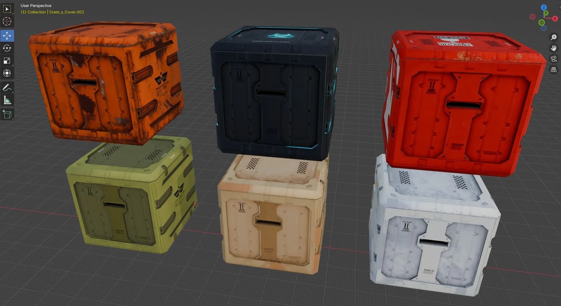 3D render of six colorful futuristic cargo crates in orange, black, red, green, beige, and white, displayed in Blender workspace.