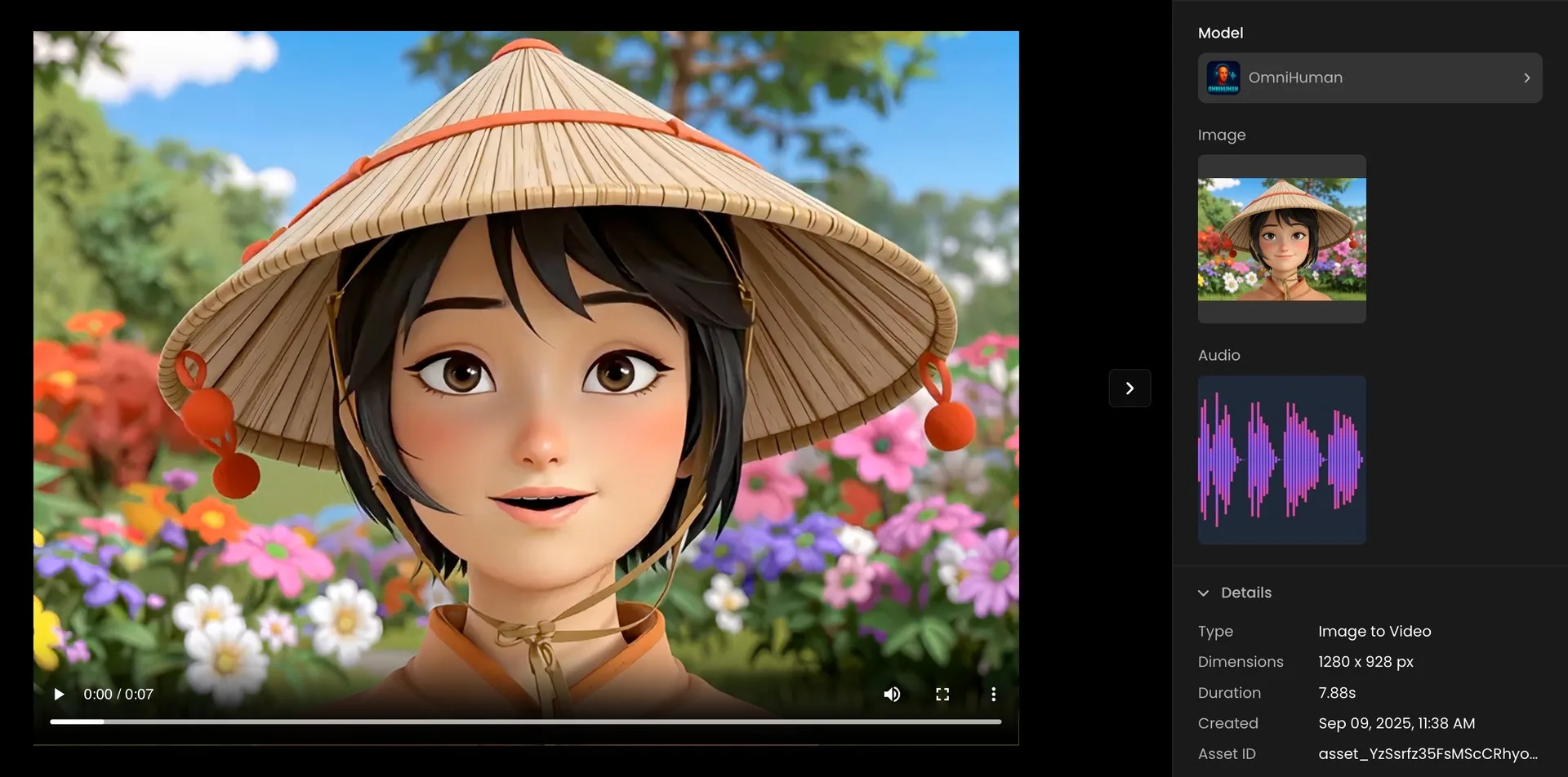 3D animated young woman wearing a traditional Asian conical bamboo hat standing in a vibrant garden filled with colorful flowers under bright blue sky.