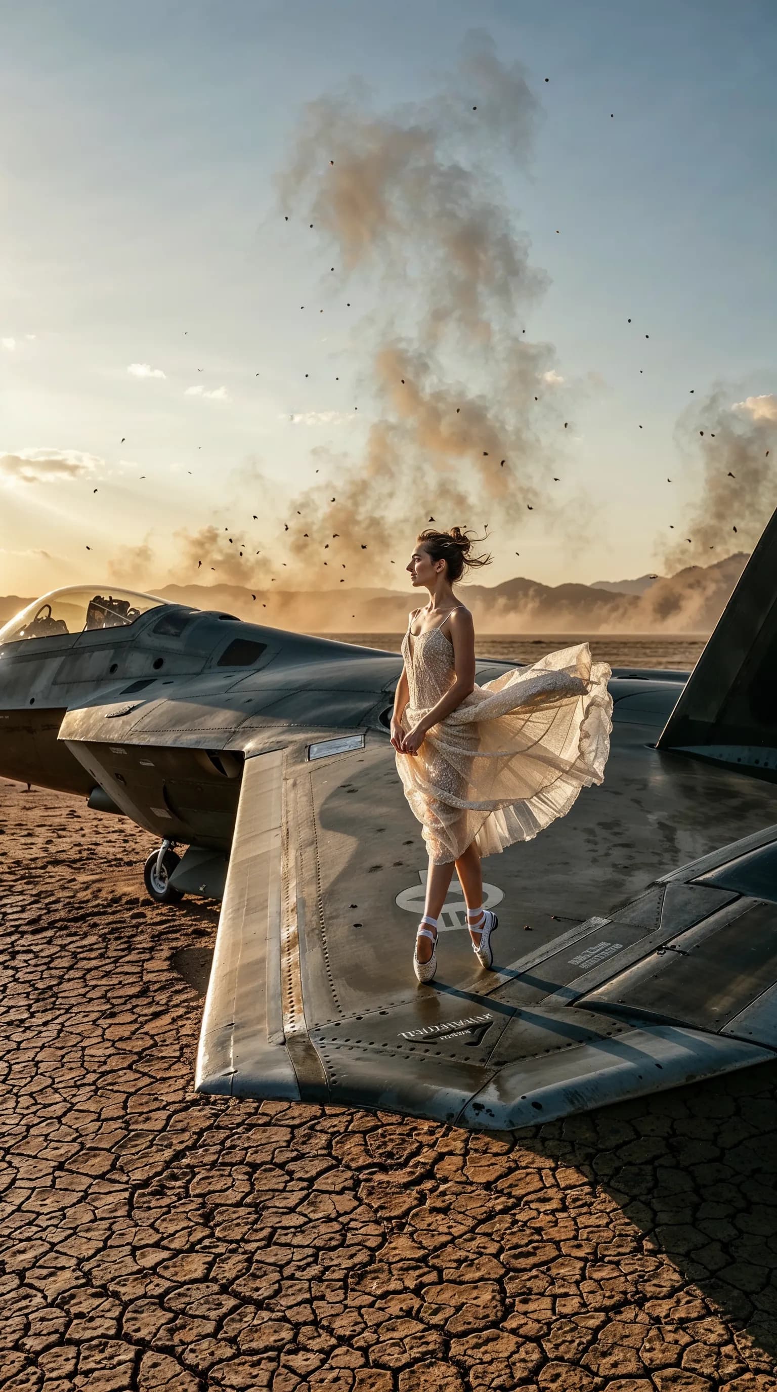 Ballerina en pointe on a fighter jet wing at desert sunset