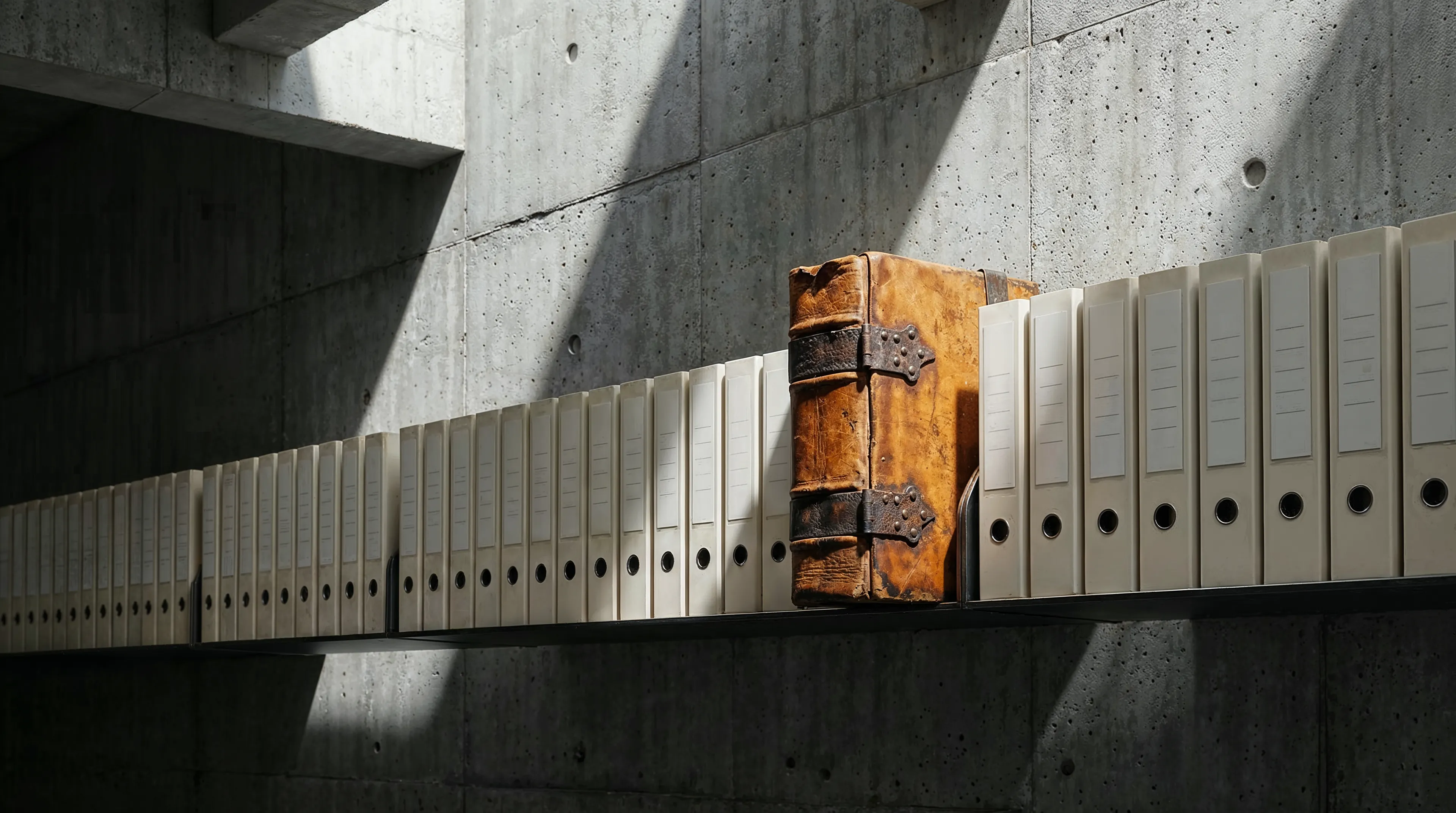 Weathered leather-bound book with metal clasps among modern white folders