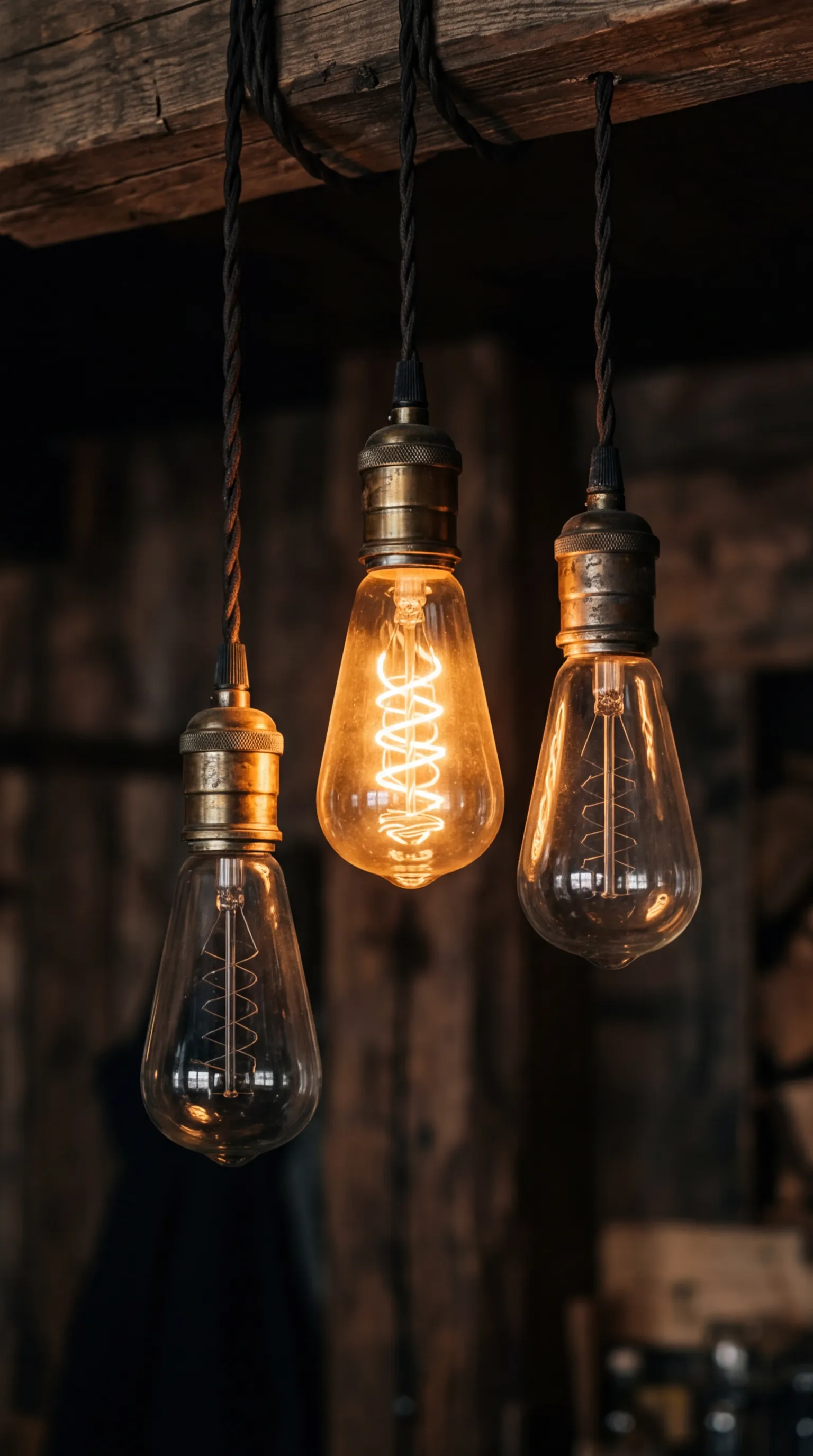 Vintage Edison light bulbs in a row with one glowing warm amber