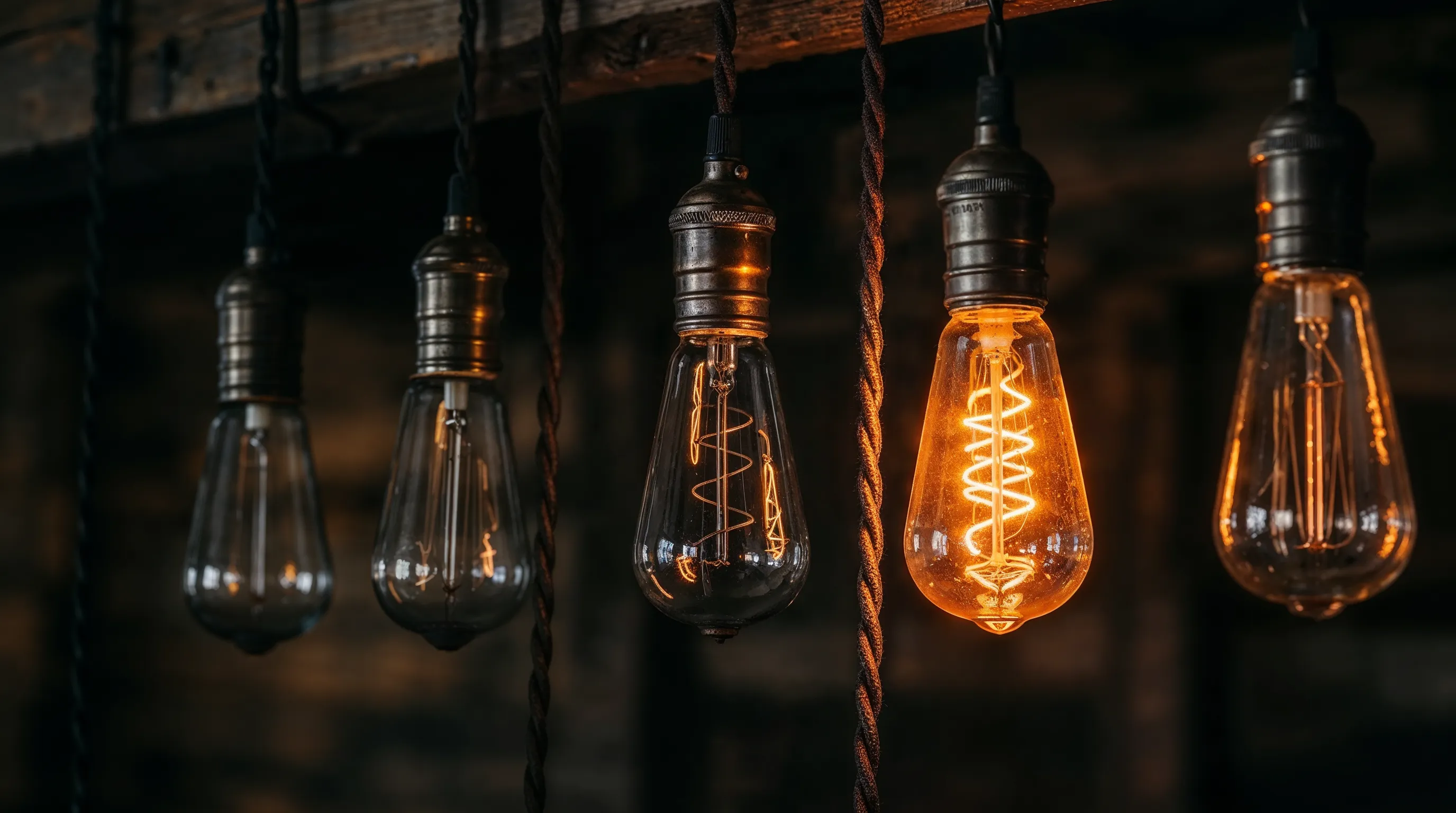 Vintage Edison light bulbs in a row with one glowing warm amber