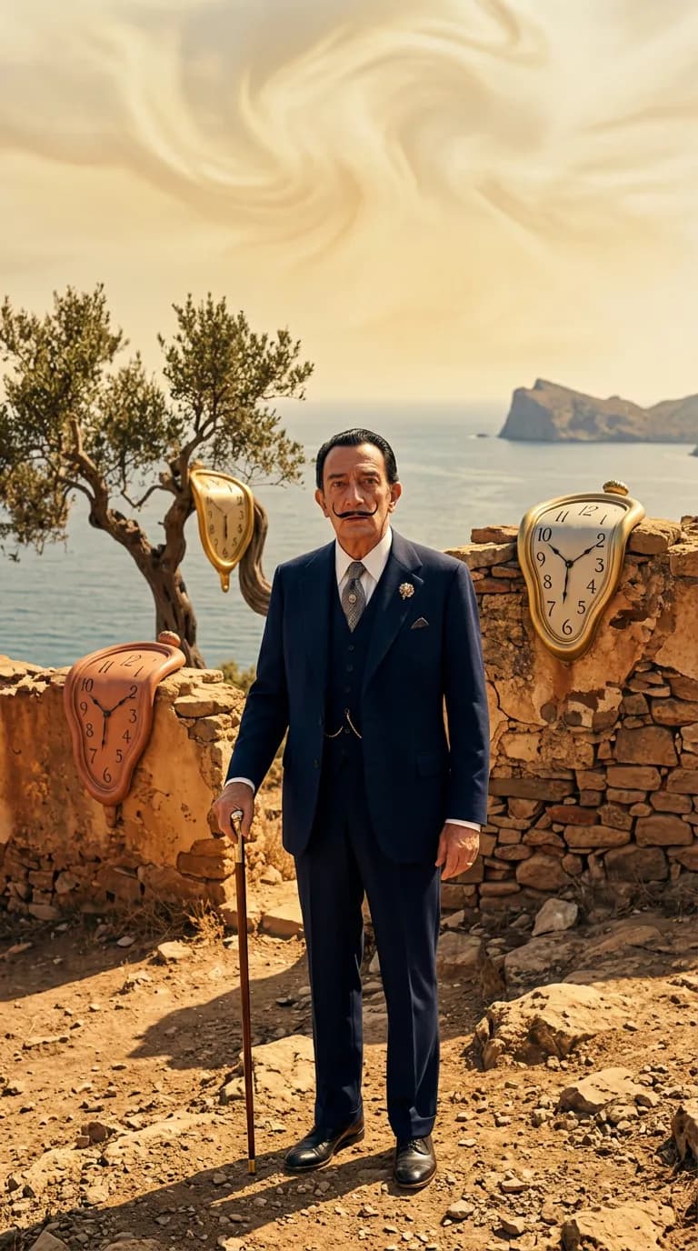 Salvador Dali in a melting landscape with drooping terracotta clocks
