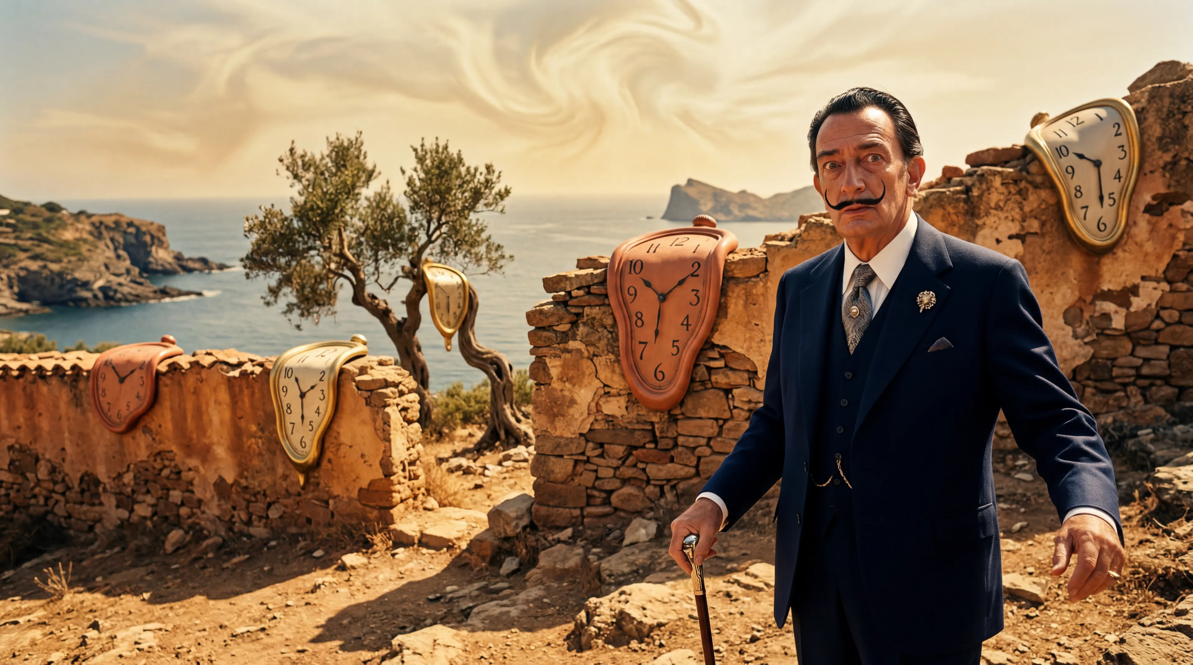 Salvador Dali in a melting landscape with drooping terracotta clocks