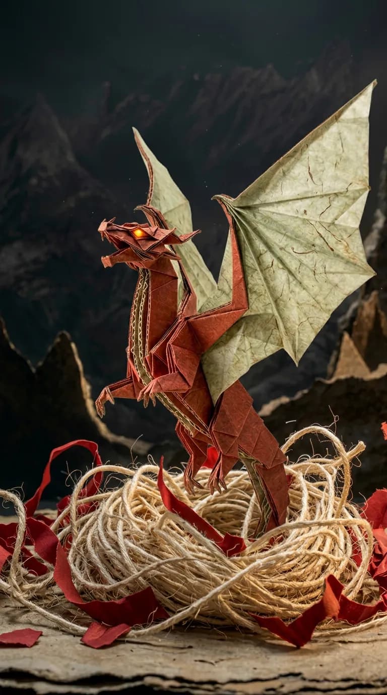 Origami dragon with glowing eyes in a nest of tangled string and red paper