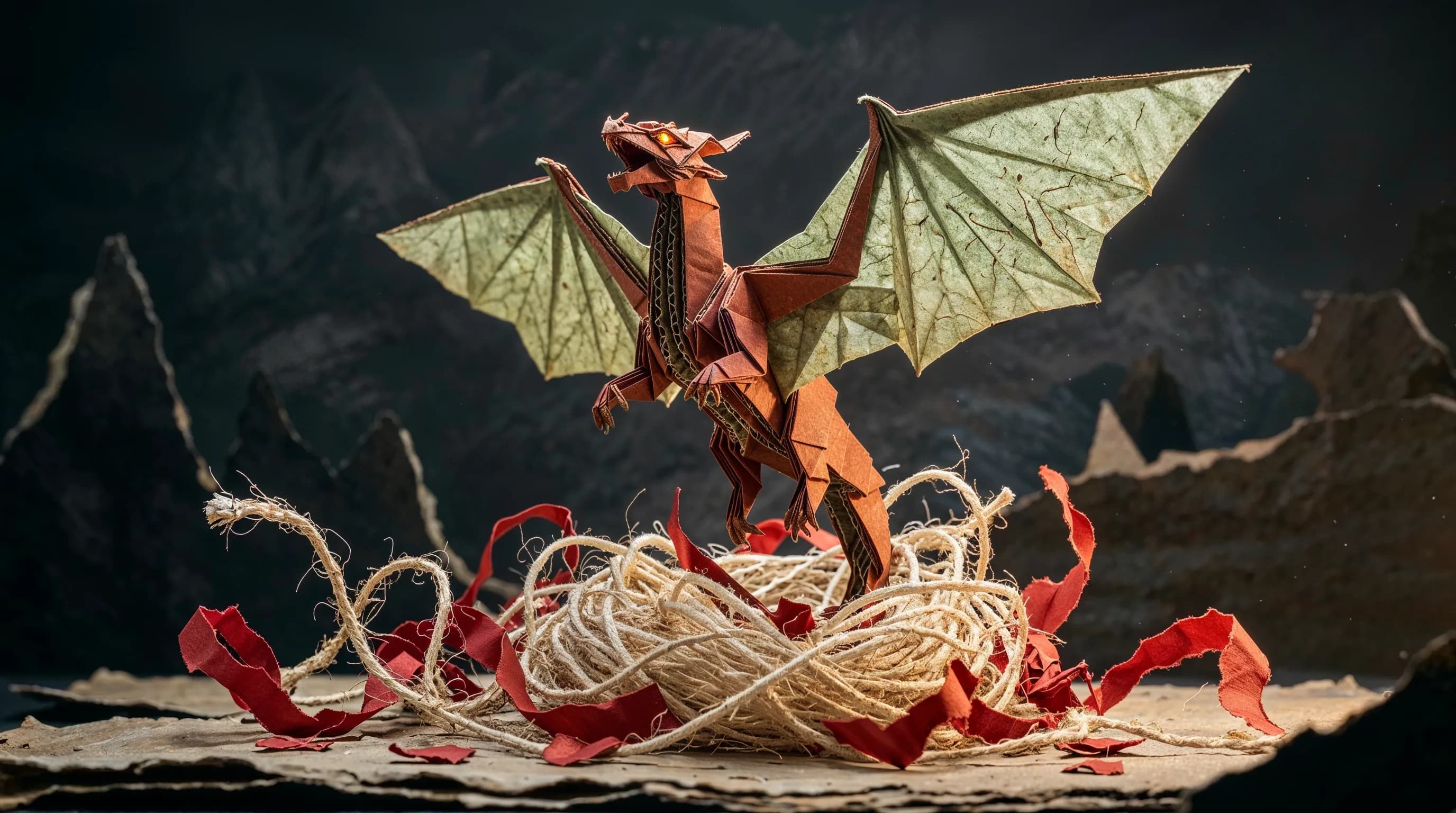 Origami dragon with glowing eyes in a nest of tangled string and red paper