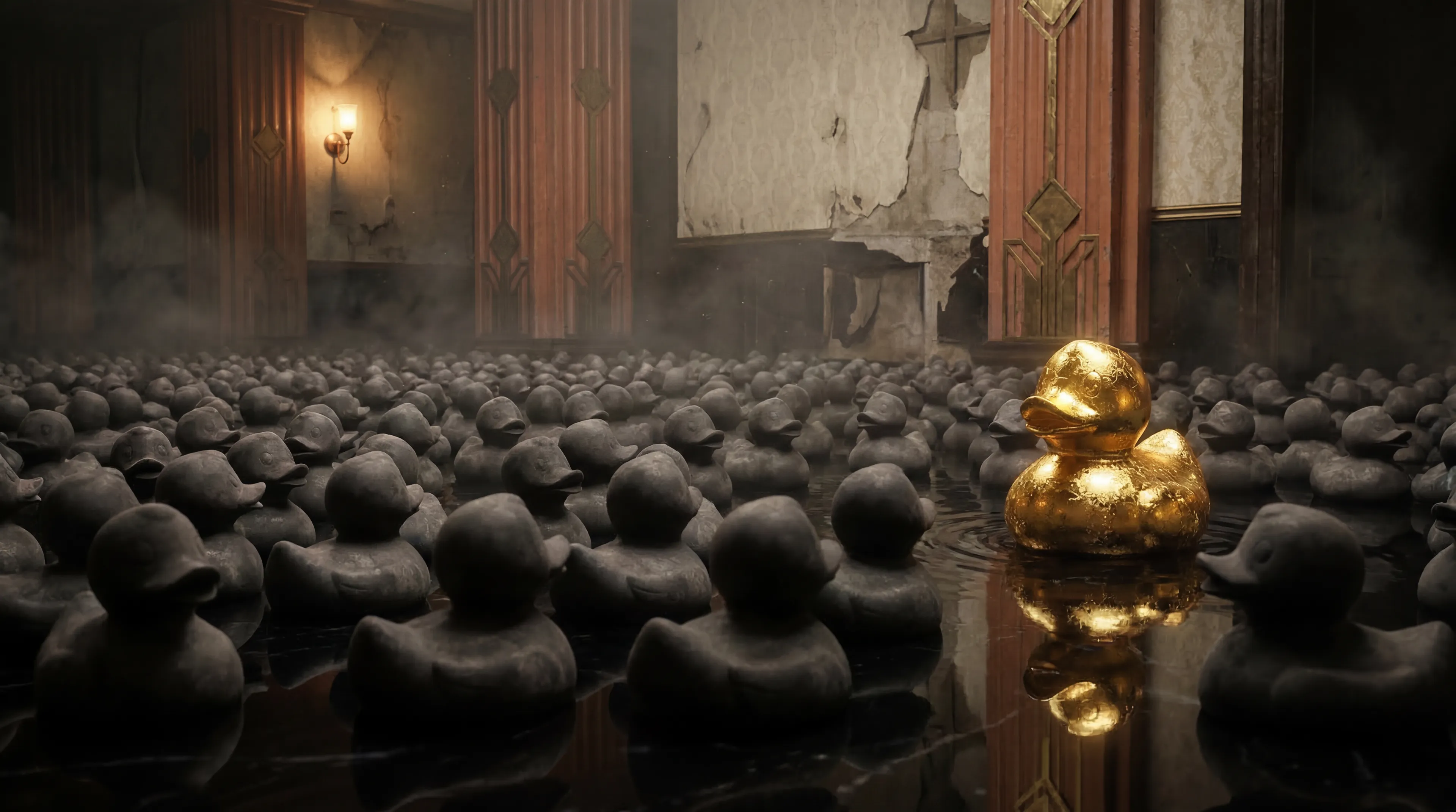 Golden rubber duck floating among dark rubber ducks in a flooded gothic hall