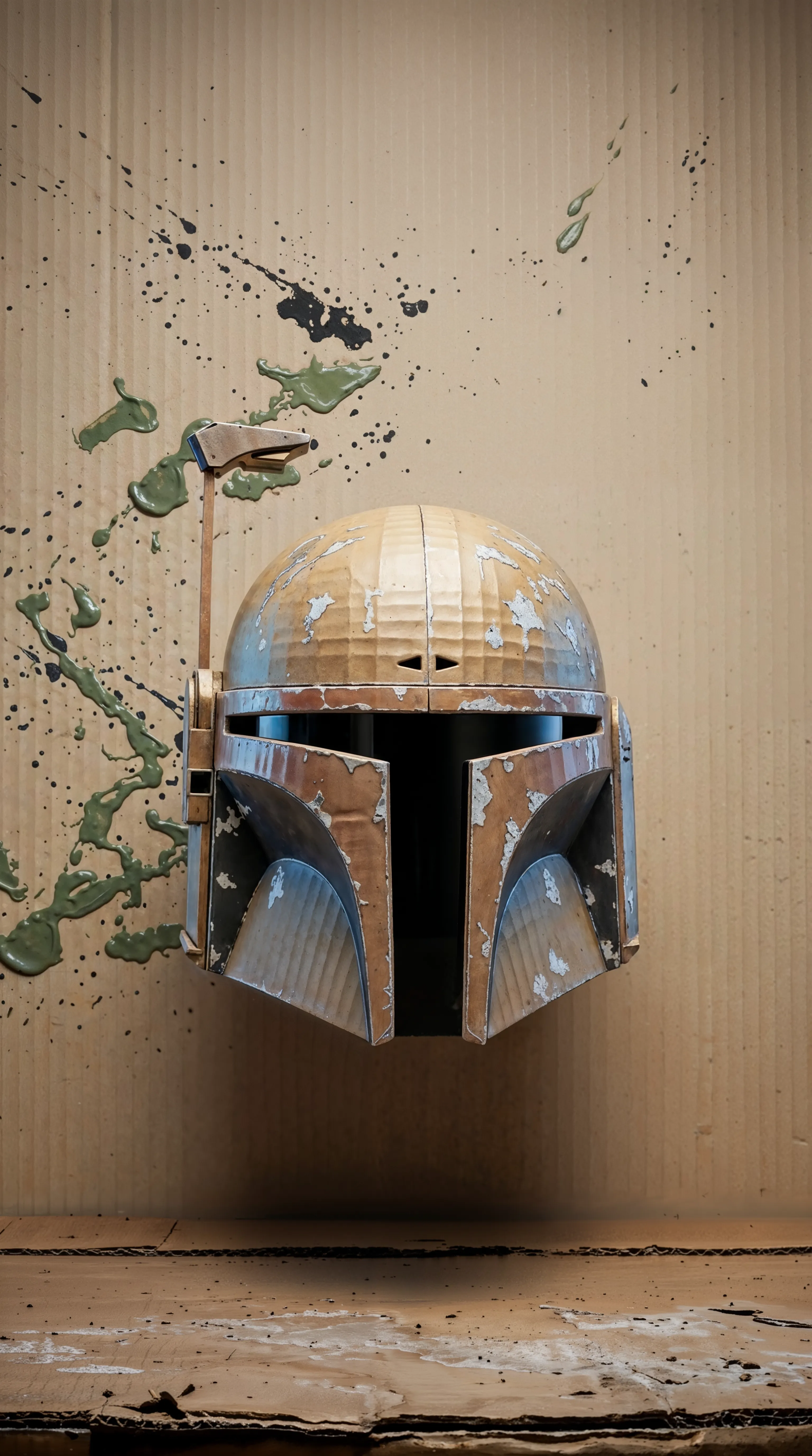 Cardboard Mandalorian helmet with paint splatters on a wooden shelf