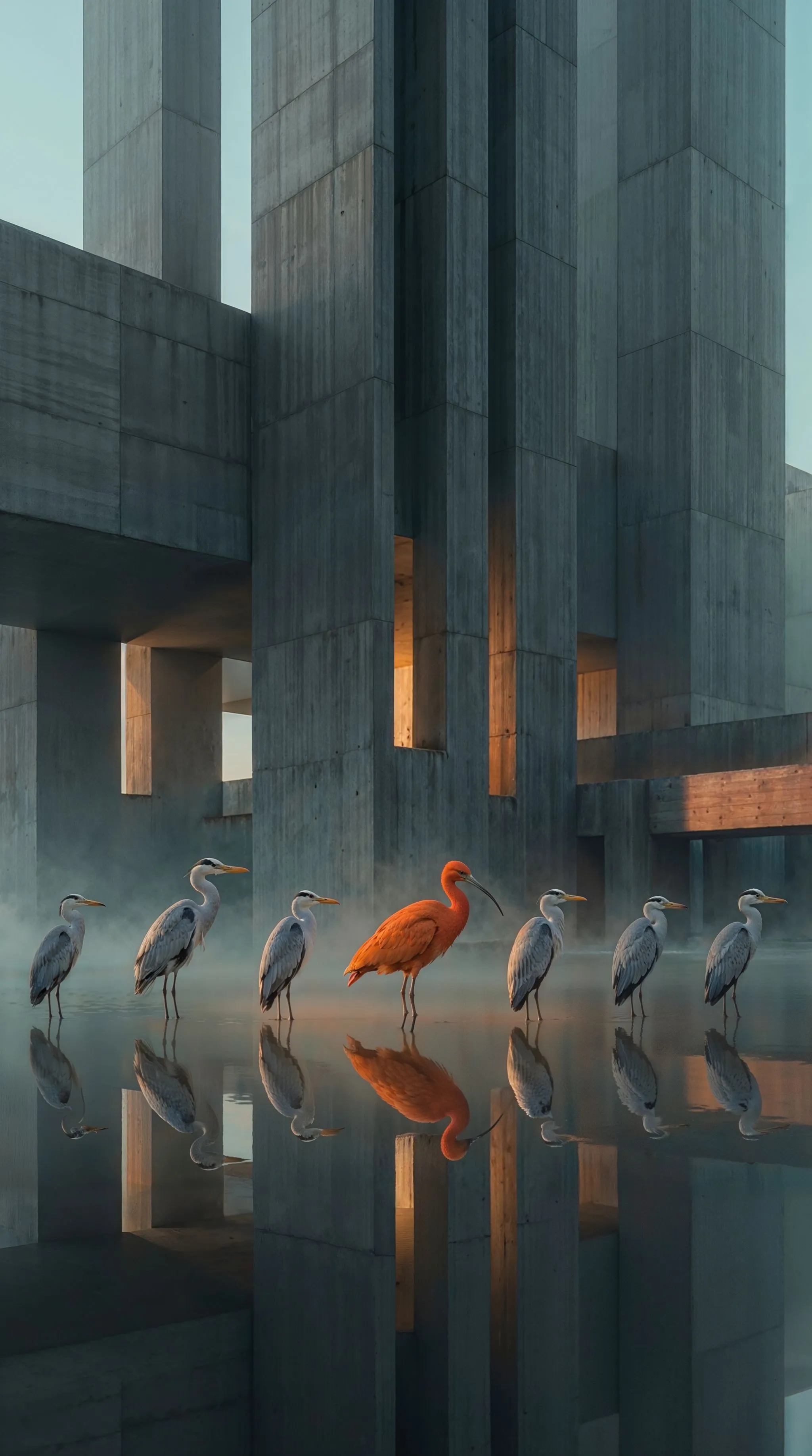 Gray herons reflected on calm water with one bright orange bird standing out