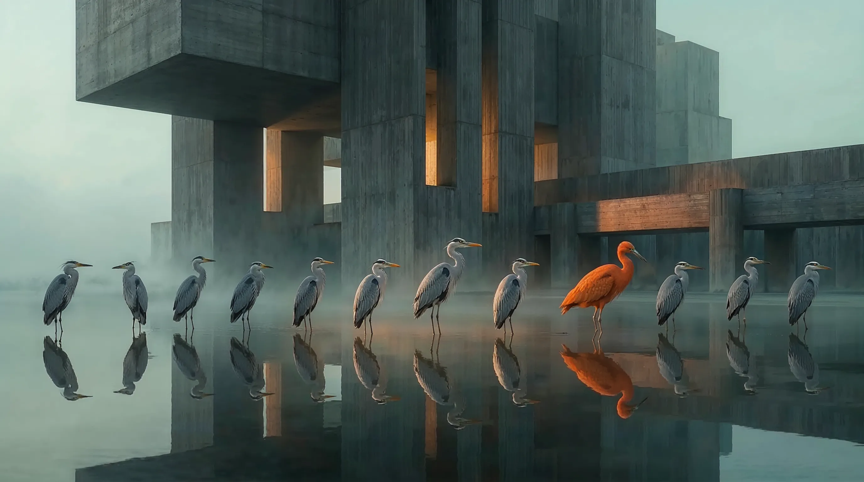 Gray herons reflected on calm water with one bright orange bird standing out