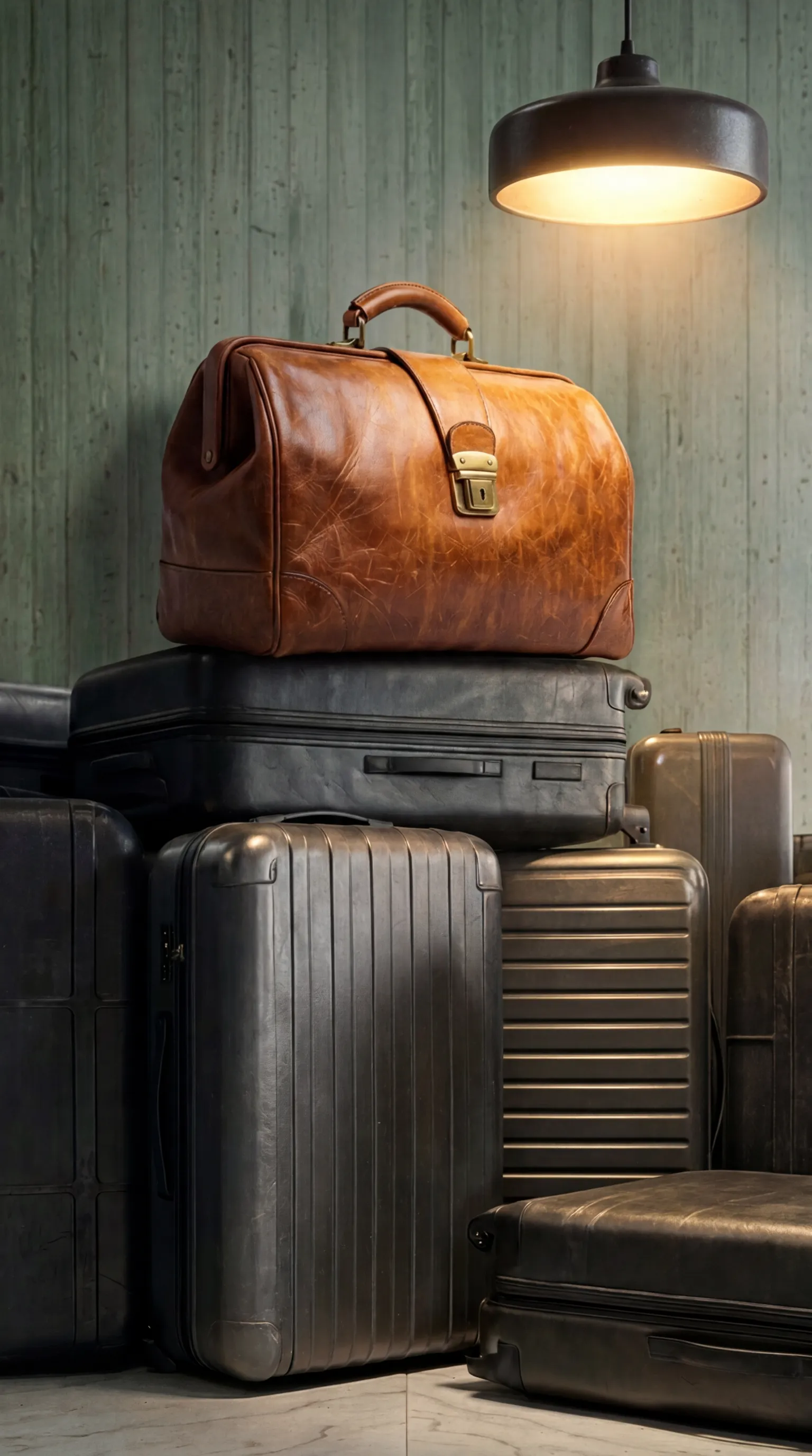 Vintage brown leather bag resting atop black hard-shell suitcases