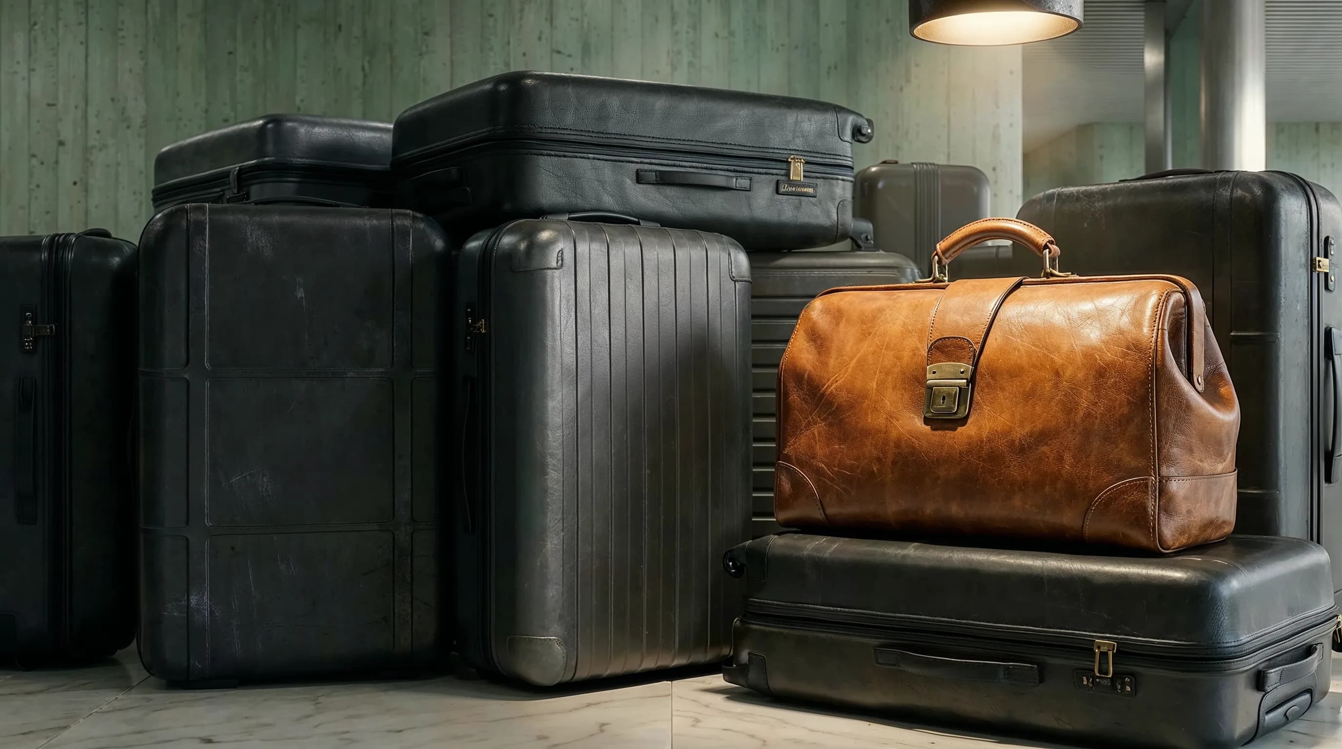 Vintage brown leather bag resting atop black hard-shell suitcases