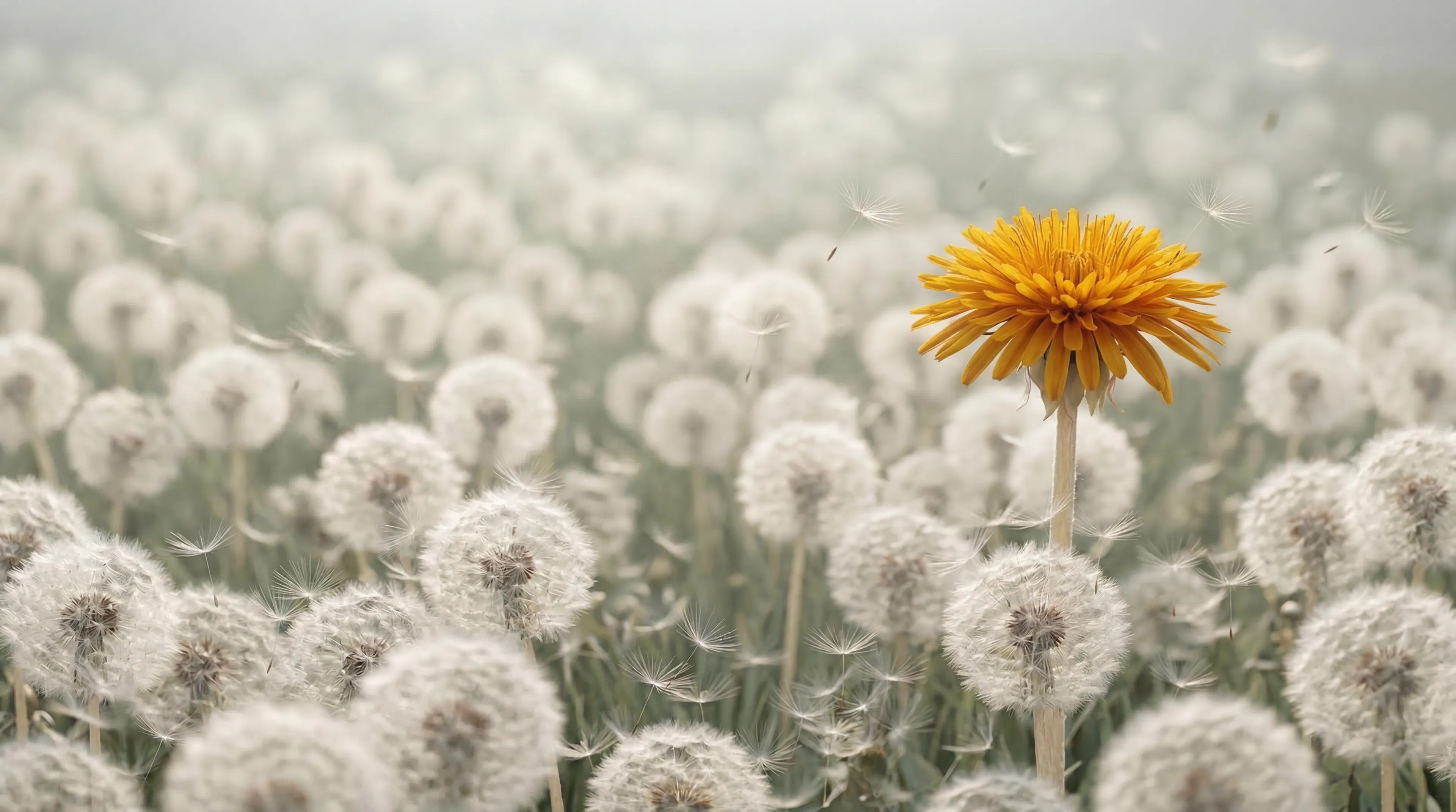 One vibrant yellow dandelion standing tall in a field of white puffballs