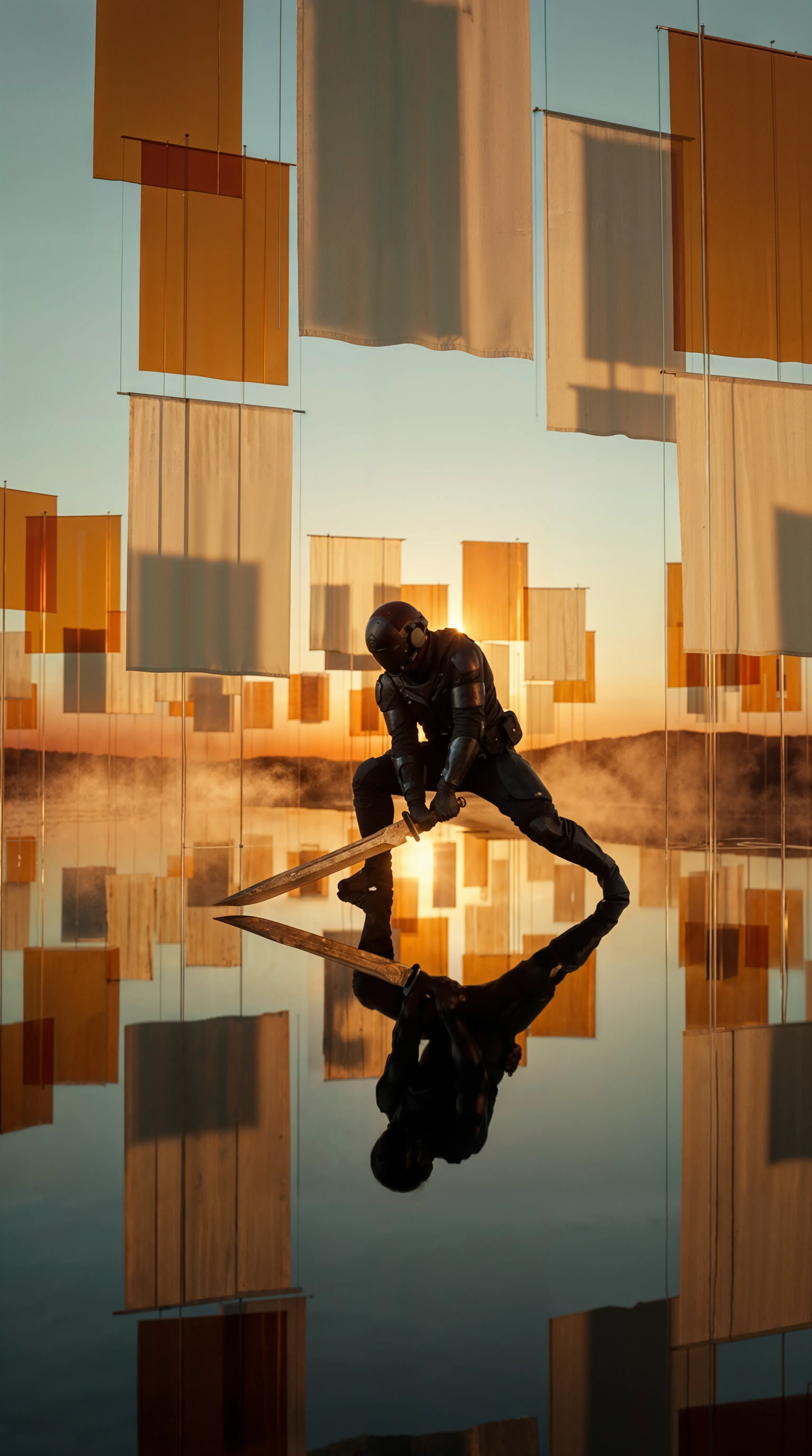 Lone warrior wielding a Damascus steel blade reflected in golden light