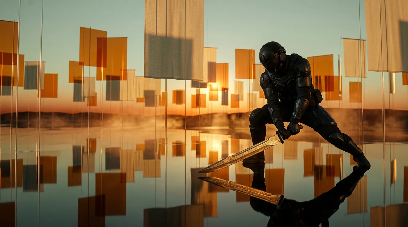 Lone warrior wielding a Damascus steel blade reflected in golden light