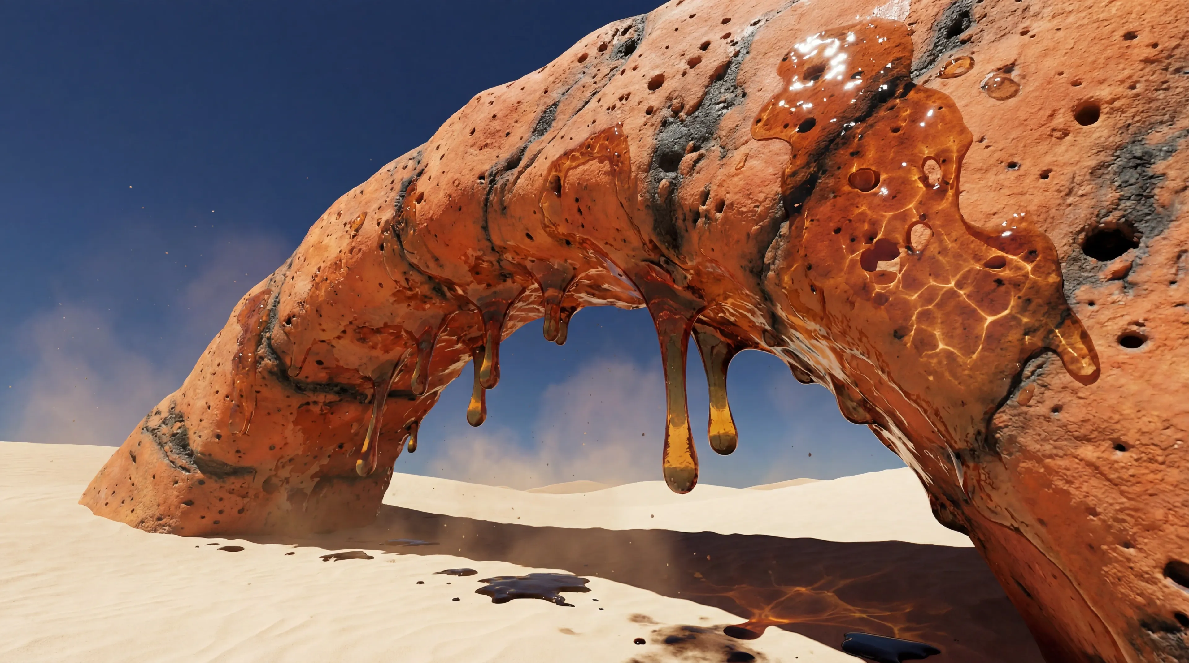 Melting rock arch dripping golden liquid in a desert landscape